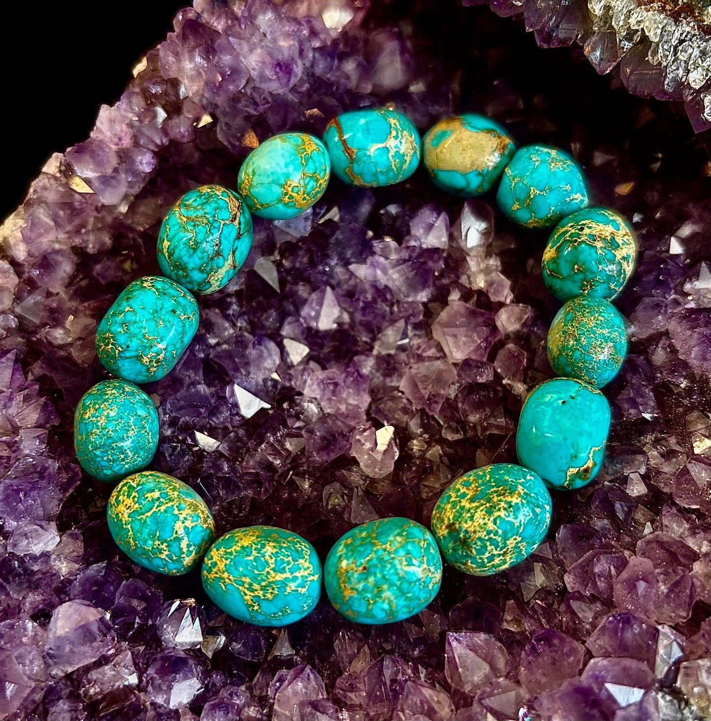 Pulsera elástica de pepitas de jaspe imperial — Pulsera llamativa de jaspe verde turquesa natural (para muñecas medianas a grandes)