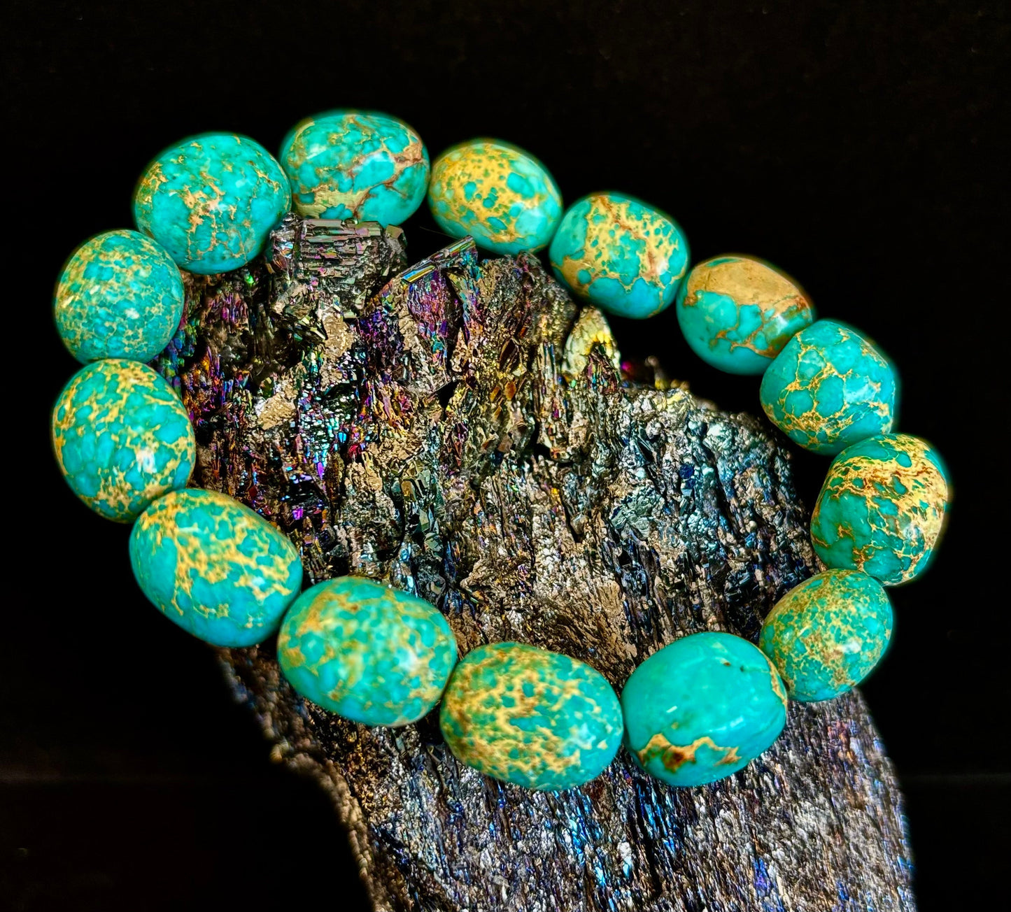 Pulsera elástica de pepitas de jaspe imperial — Pulsera llamativa de jaspe verde turquesa natural (para muñecas medianas a grandes)