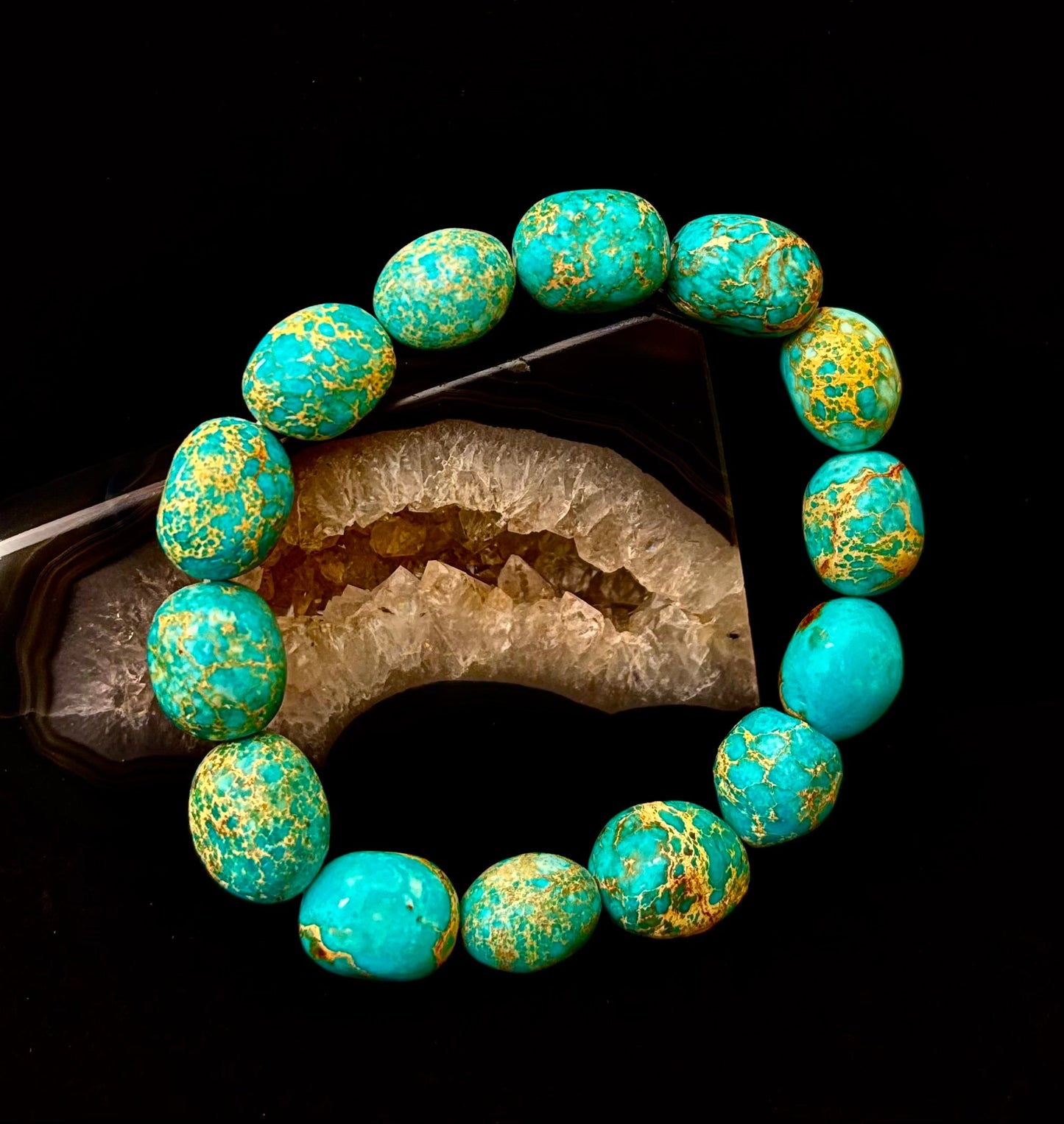 Pulsera elástica de pepitas de jaspe imperial — Pulsera llamativa de jaspe verde turquesa natural (para muñecas medianas a grandes)