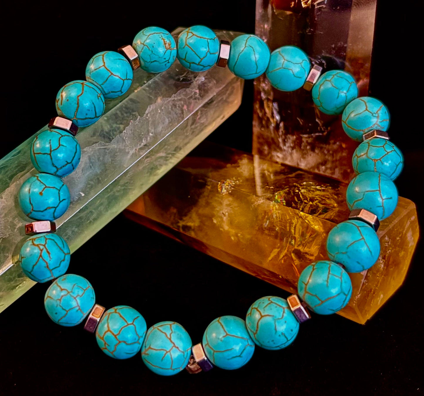 Pulsera de Howlita Turquesa con Separadores de Plata — Hecha a Mano en Puerto Vallarta — Pulsera Elástica de Piedra Natural Calmante (6.75"–7.5" Muñecas Medianas a Grandes)