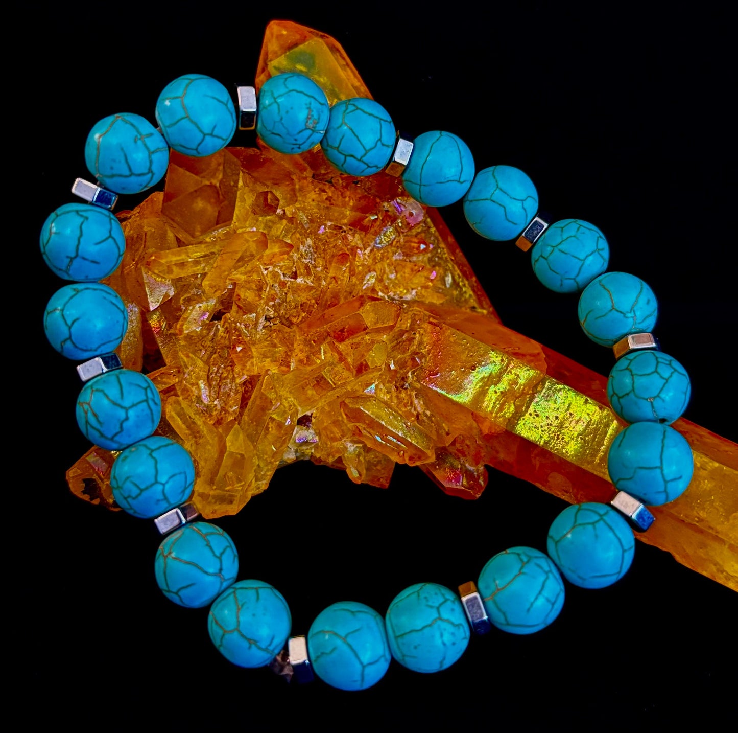 Pulsera de Howlita Turquesa con Separadores de Plata — Hecha a Mano en Puerto Vallarta — Pulsera Elástica de Piedra Natural Calmante (6.75"–7.5" Muñecas Medianas a Grandes)