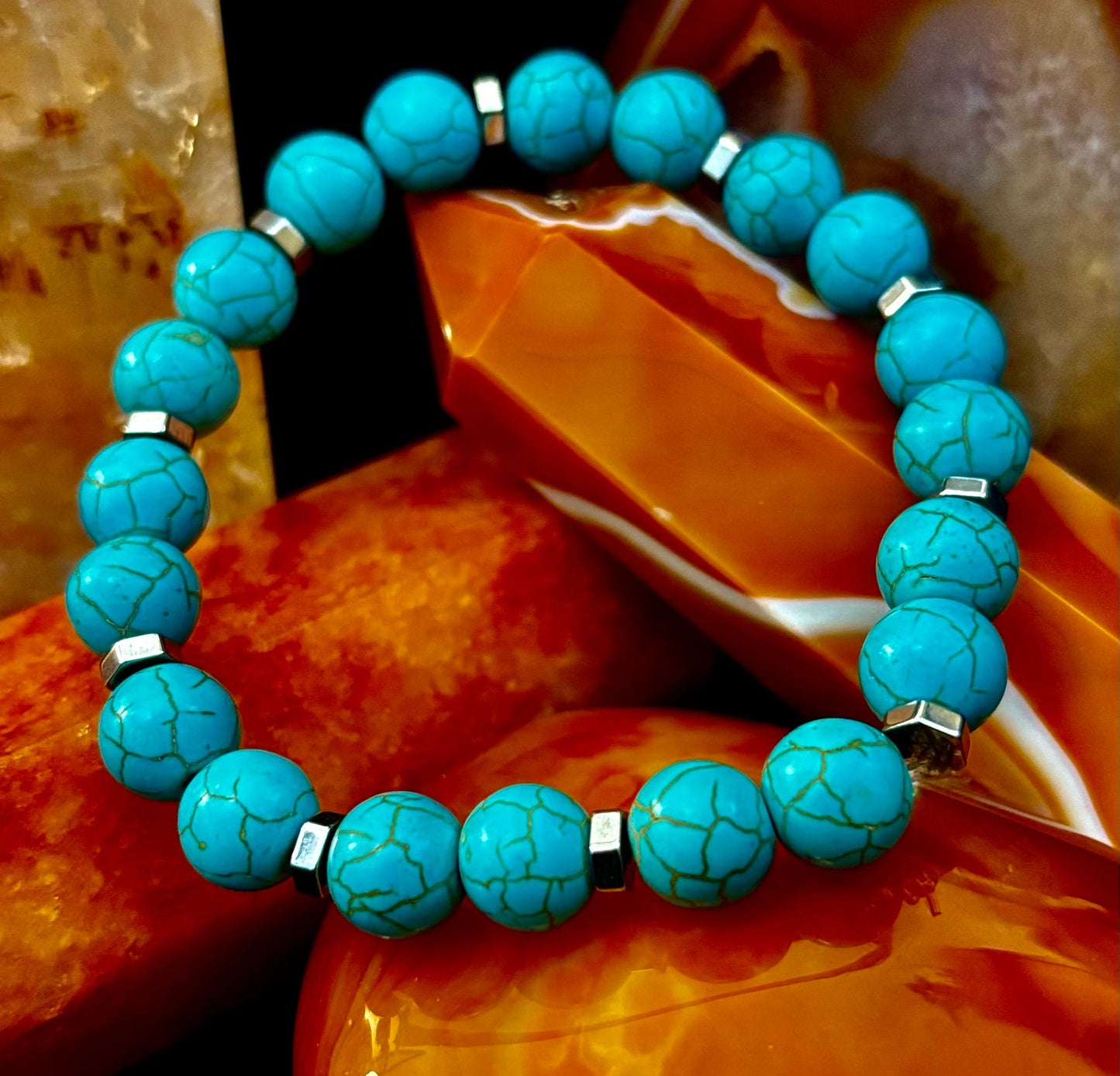 Pulsera de Howlita Turquesa con Separadores de Plata — Hecha a Mano en Puerto Vallarta — Pulsera Elástica de Piedra Natural Calmante (6.75"–7.5" Muñecas Medianas a Grandes)
