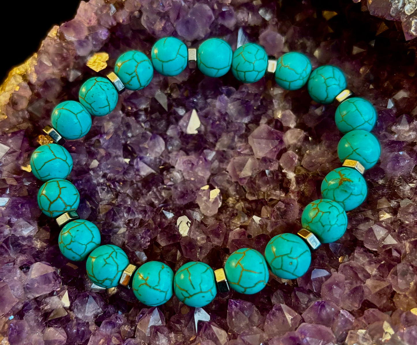 Pulsera de Howlita Turquesa con Separadores de Plata — Hecha a Mano en Puerto Vallarta — Pulsera Elástica de Piedra Natural Calmante (6.75"–7.5" Muñecas Medianas a Grandes)