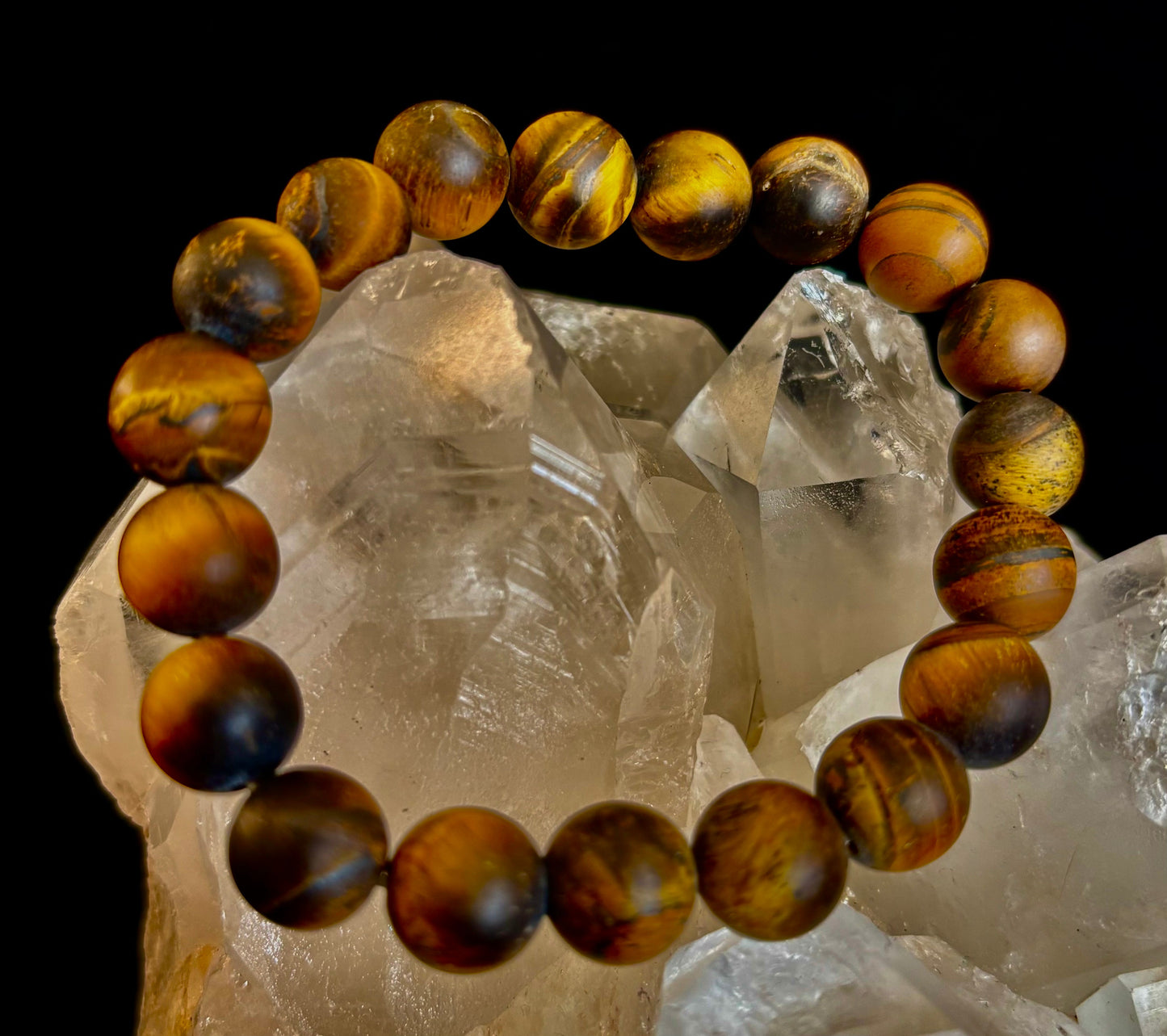 Pulsera Ojo de Tigre Mate — Pulsera elástica de Ojo de Tigre Genuino de 10 mm para Fuerza y Protección