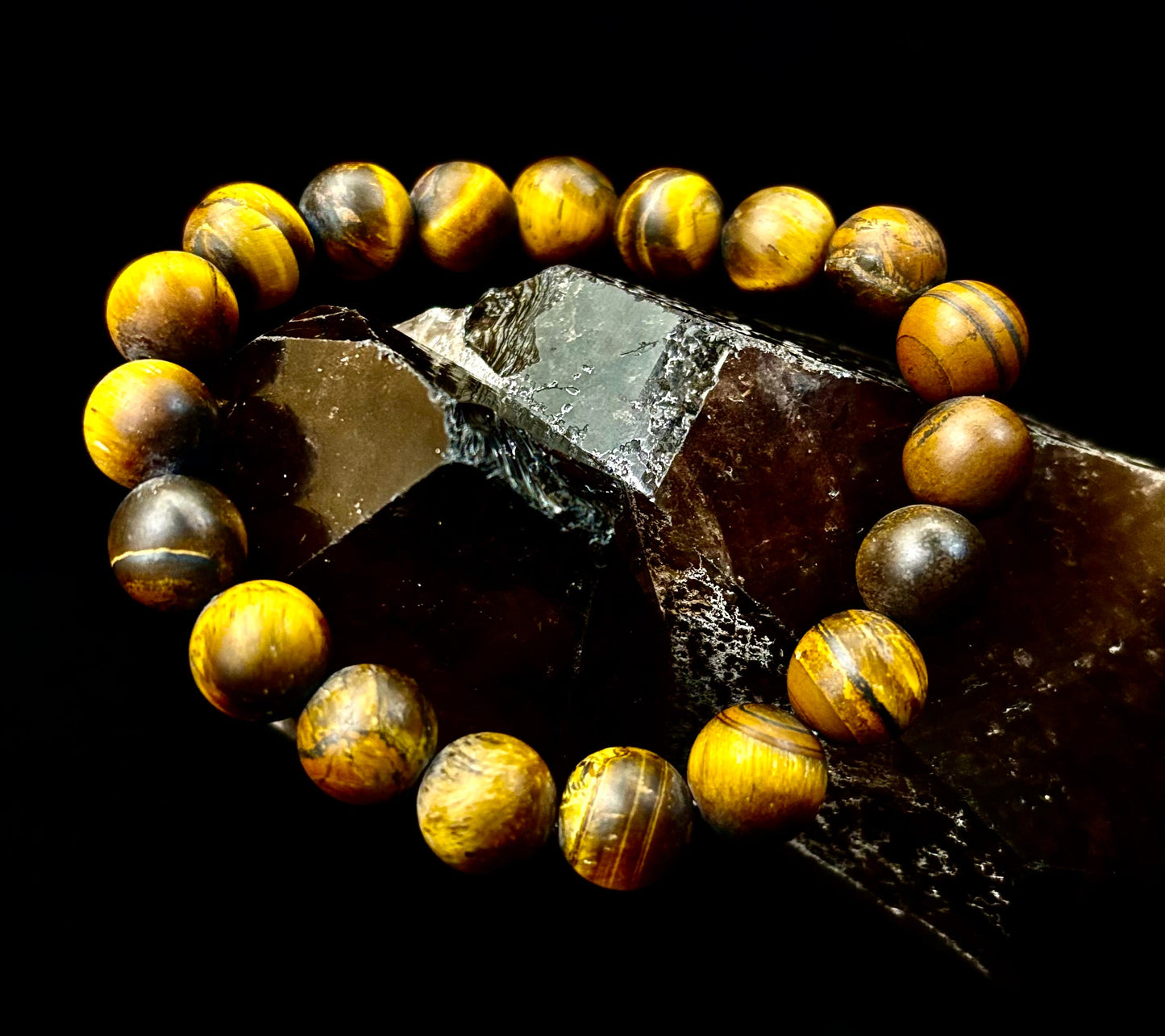Pulsera Ojo de Tigre Mate — Pulsera elástica de Ojo de Tigre Genuino de 10 mm para Fuerza y Protección