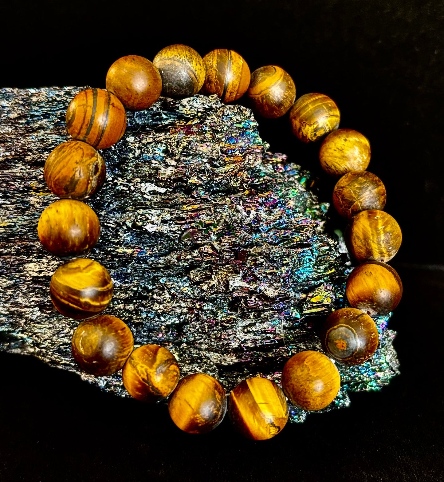 Pulsera Ojo de Tigre Mate — Pulsera elástica de Ojo de Tigre Genuino de 10 mm para Fuerza y Protección