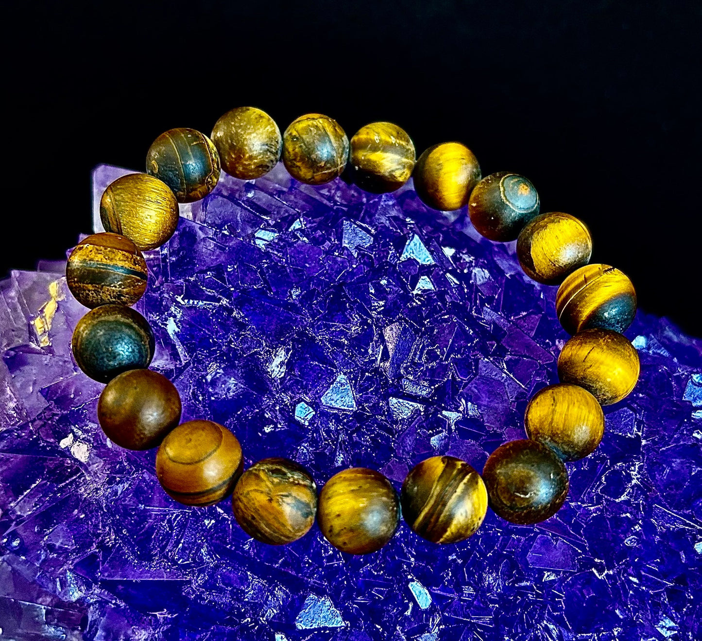 Pulsera Ojo de Tigre Mate — Pulsera elástica de Ojo de Tigre Genuino de 10 mm para Fuerza y Protección
