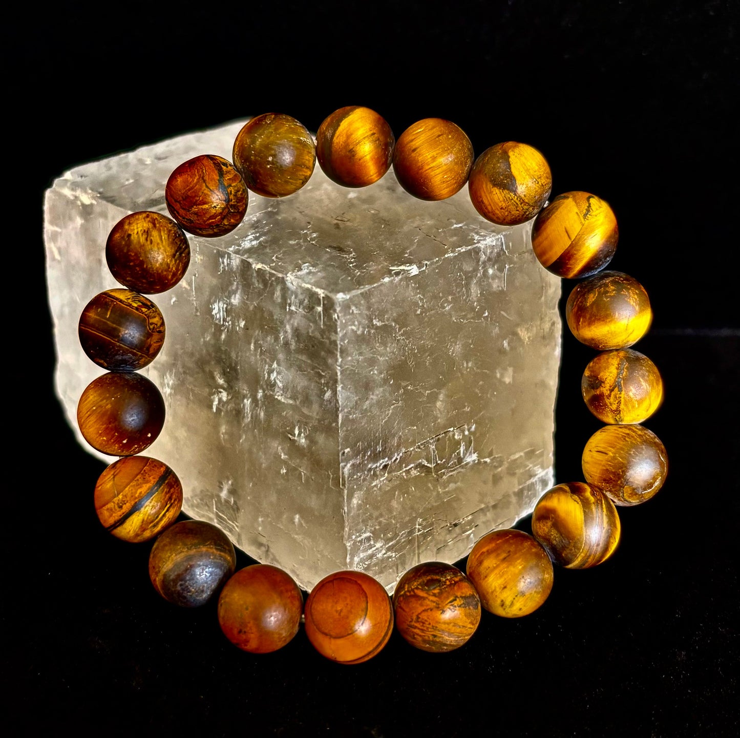 Pulsera Ojo de Tigre Mate — Pulsera elástica de Ojo de Tigre Genuino de 10 mm para Fuerza y Protección