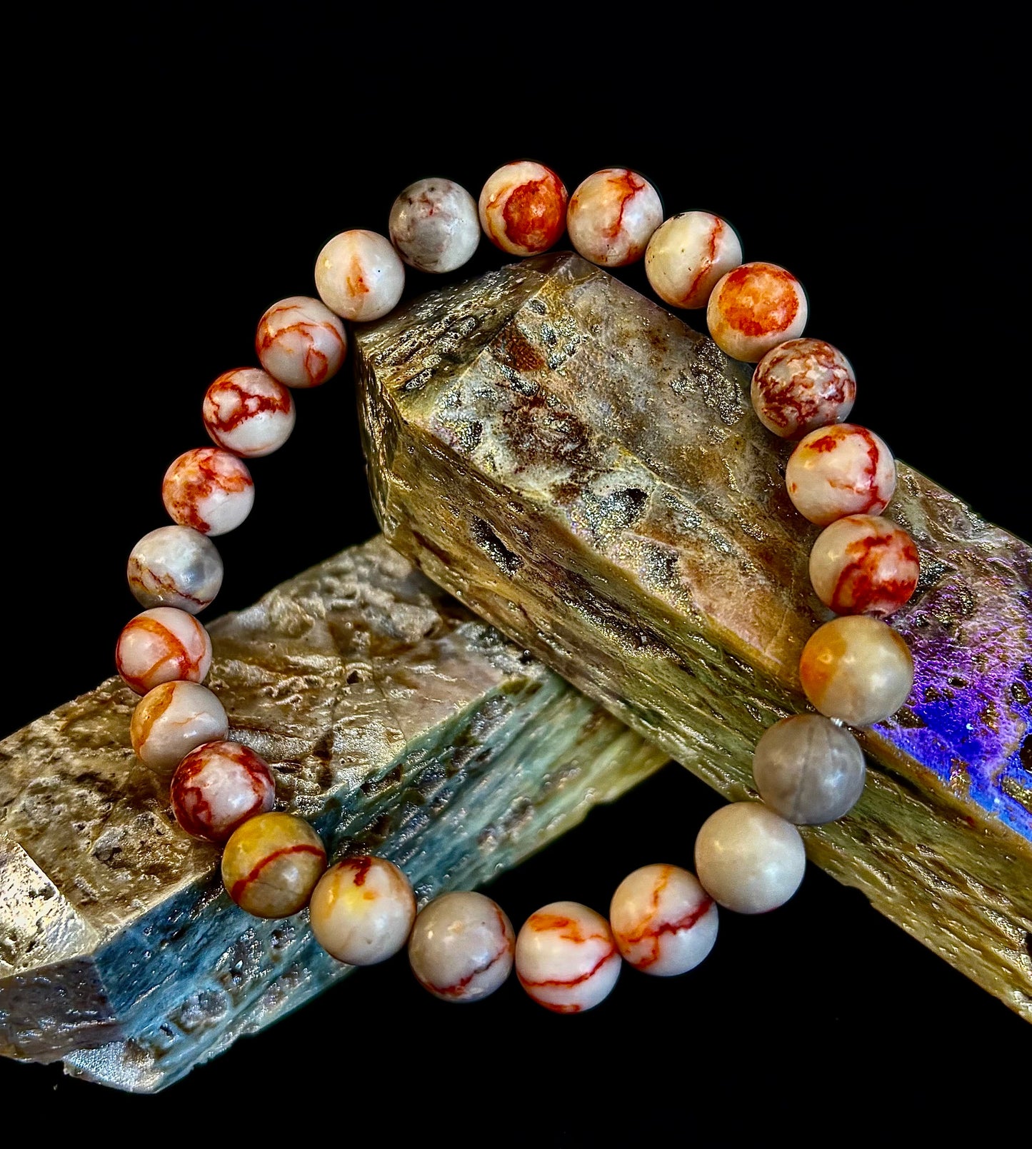 Pulsera de jaspe veteado rojo — Pulsera elástica de jaspe natural curativo para fuerza y enraizamiento