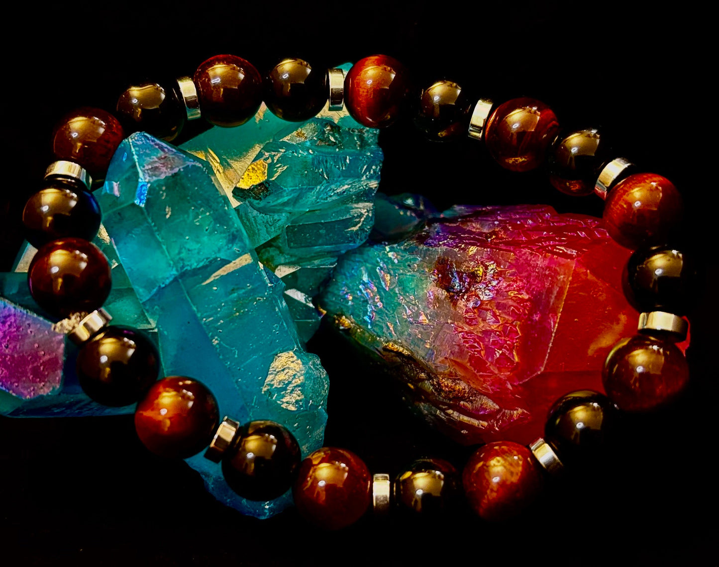 Pulsera energética Ojo de Tigre y Ónix Negro — Hecha a mano en Puerto Vallarta, México — Pulsera de piedras de protección y confianza para muñecas grandes