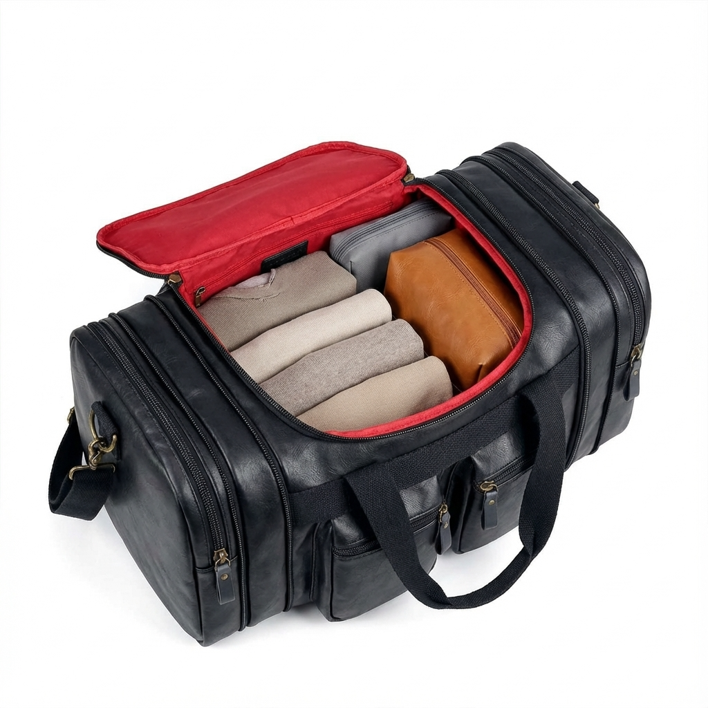 Elegante Bolso de Viaje de Cuero tipo Duffel Weekender – 40L Expandible de Cabina