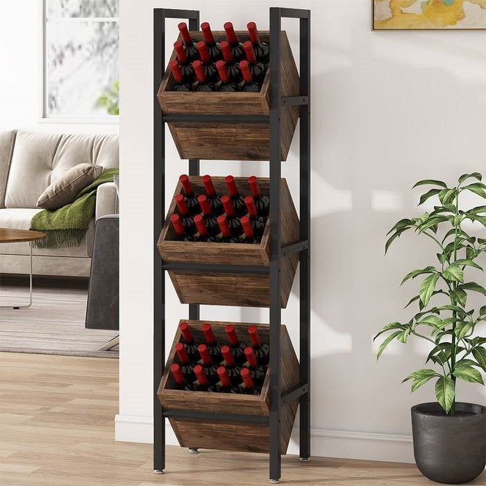 Estante rústico industrial de granja para almacenamiento de 3 cubos y 36 botellas de vino