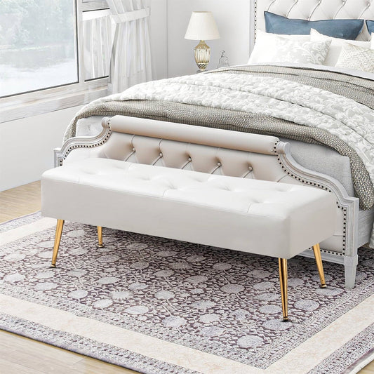 Moderno banco/otomana para cama con asiento de cuero sintético blanco marfil y patas de metal dorado