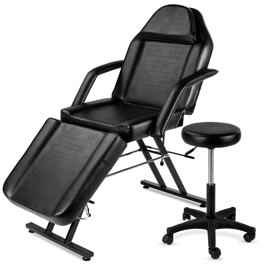 Sillón de salón de masaje ajustable negro con taburete hidráulico