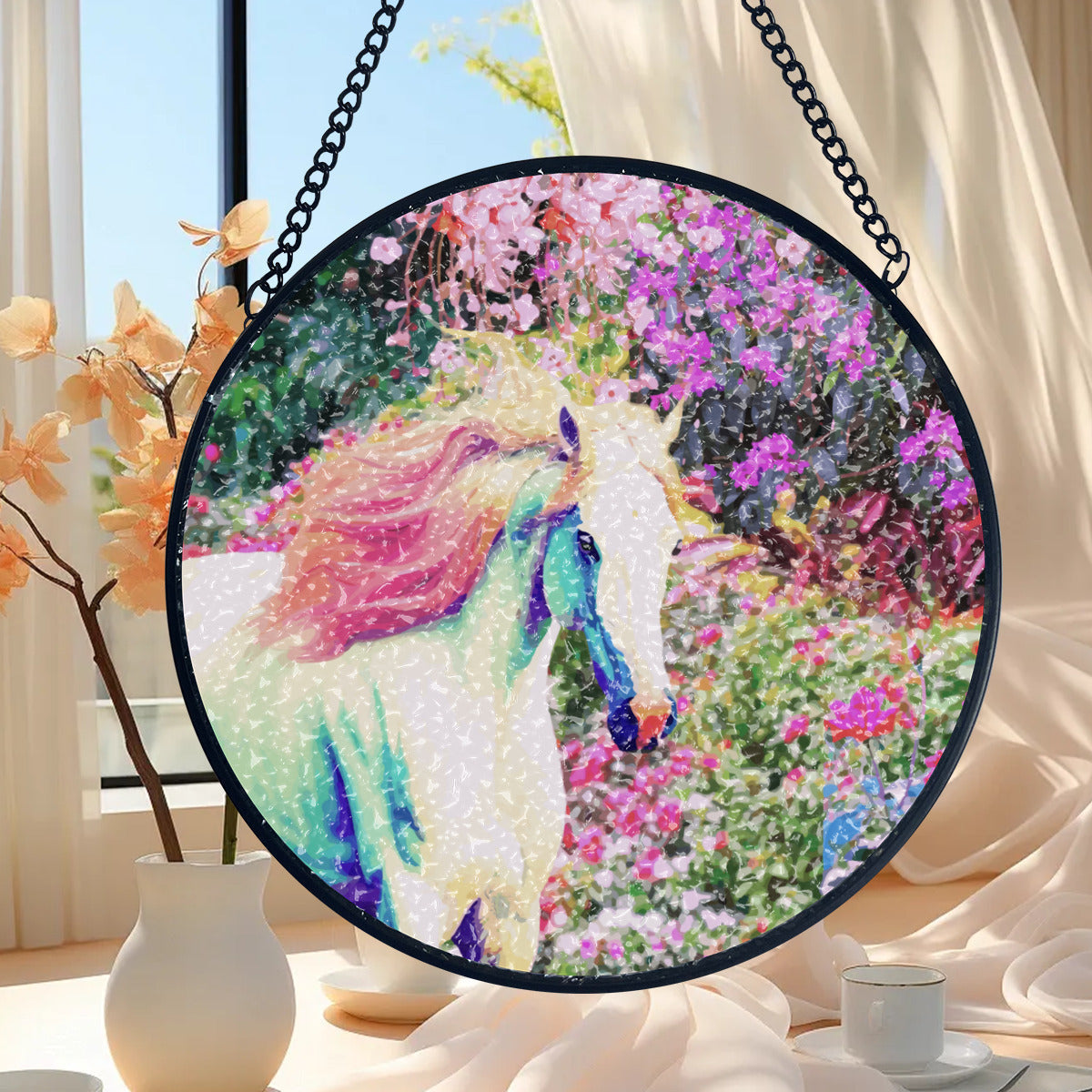 White Horse with Pink Floral Background Glass Suncatcher