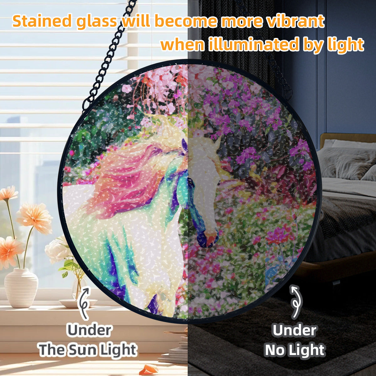 White Horse with Pink Floral Background Glass Suncatcher