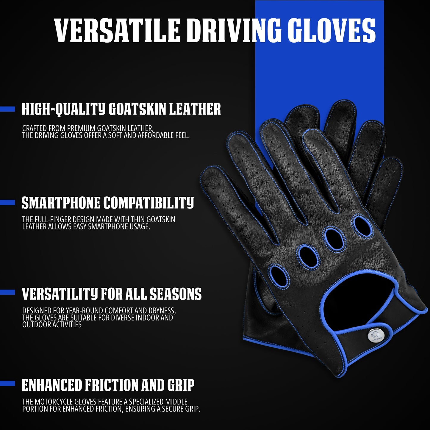 Guantes de Cuero Dark Knight - Diseño de Dedo Completo (Azul)