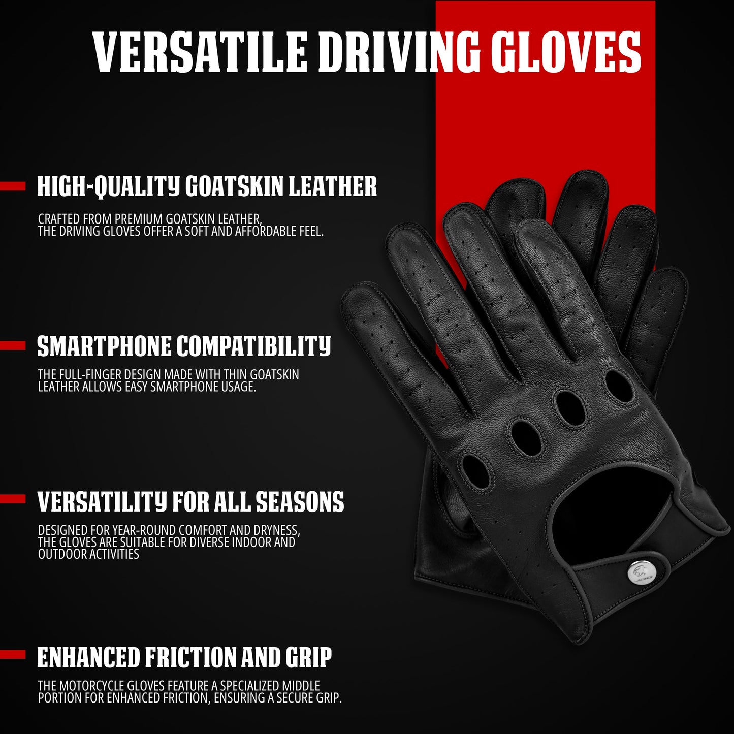 Guantes de cuero de Caballero Oscuro - Diseño de dedos completos (Negro)