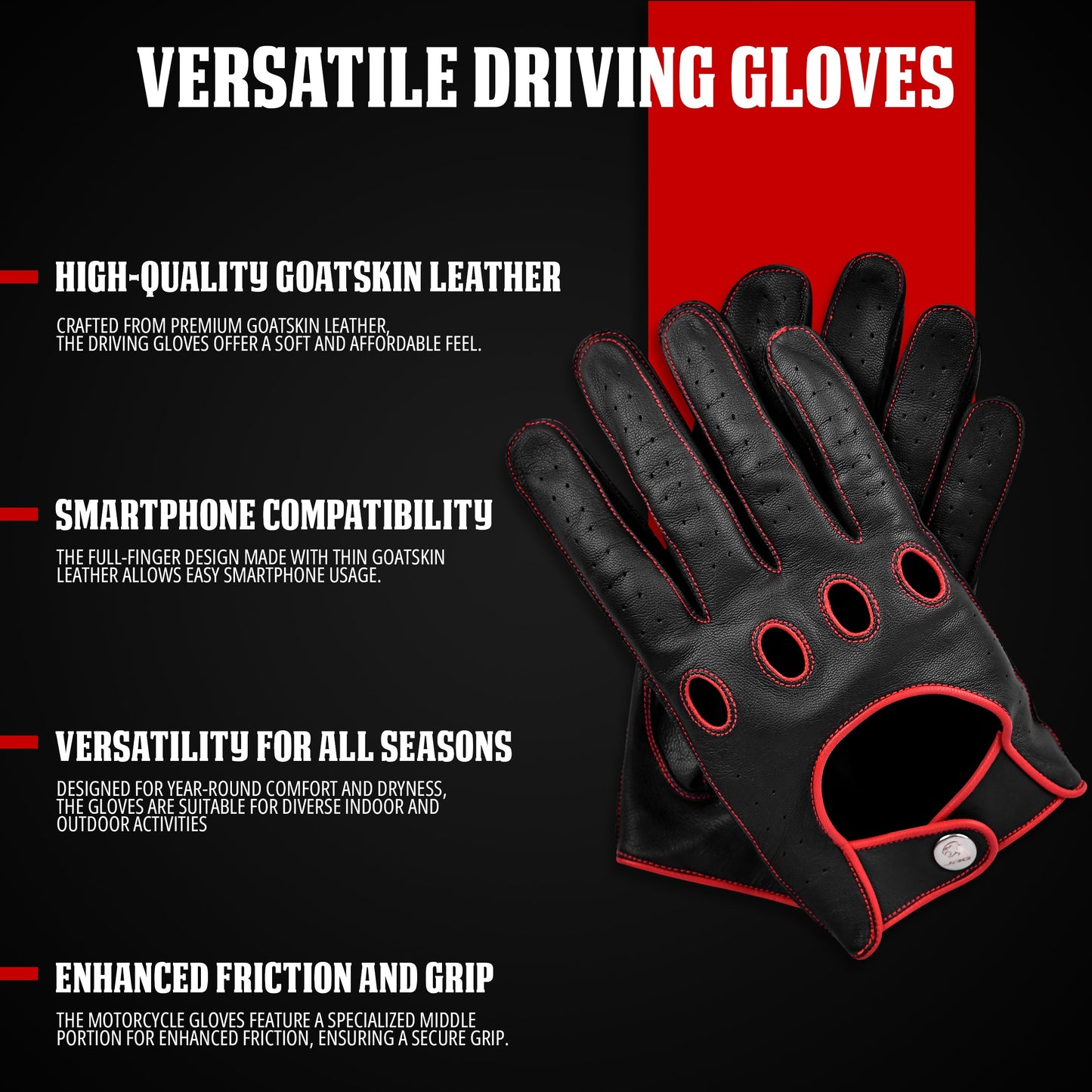 Guantes de Cuero Dark Knight - Diseño de Dedo Completo (Rojo)