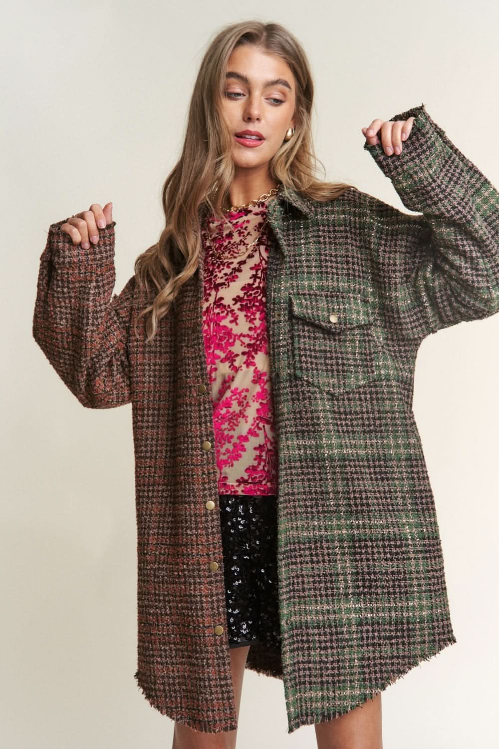 T-Shirts Trendsi Tweed Plaid Shacket Women's Everyday Layering Longline Jacket - Soft, USA Ship
