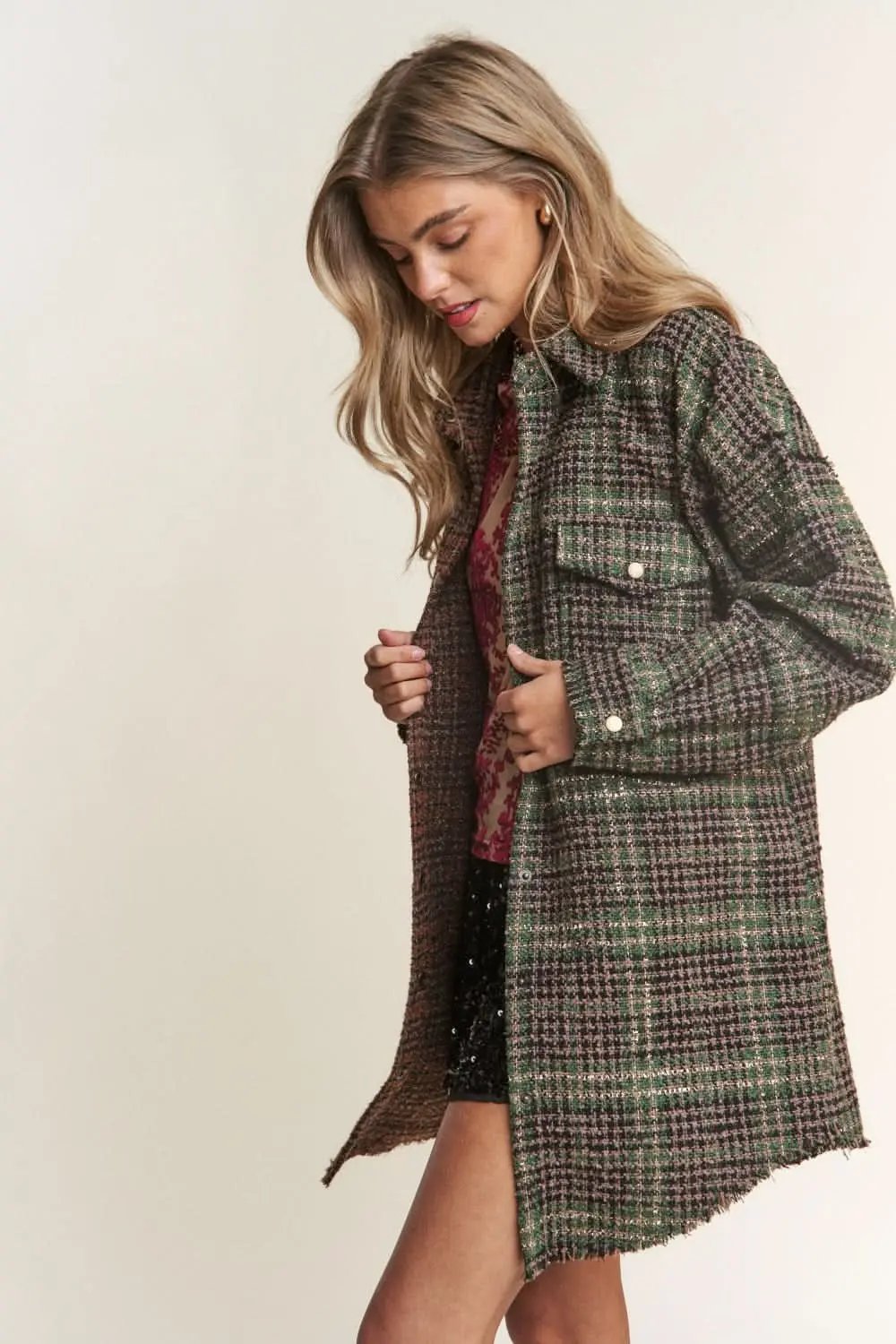 T-Shirts Trendsi Tweed Plaid Shacket Women's Everyday Layering Longline Jacket - Soft, USA Ship