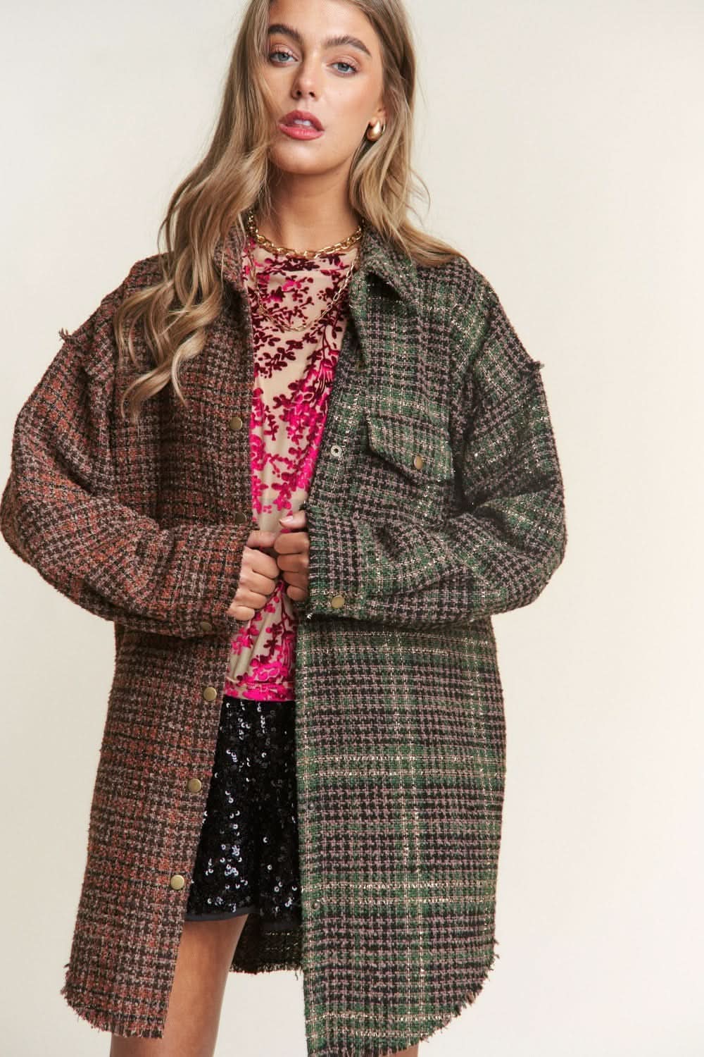T-Shirts Trendsi Tweed Plaid Shacket Women's Everyday Layering Longline Jacket - Soft, USA Ship