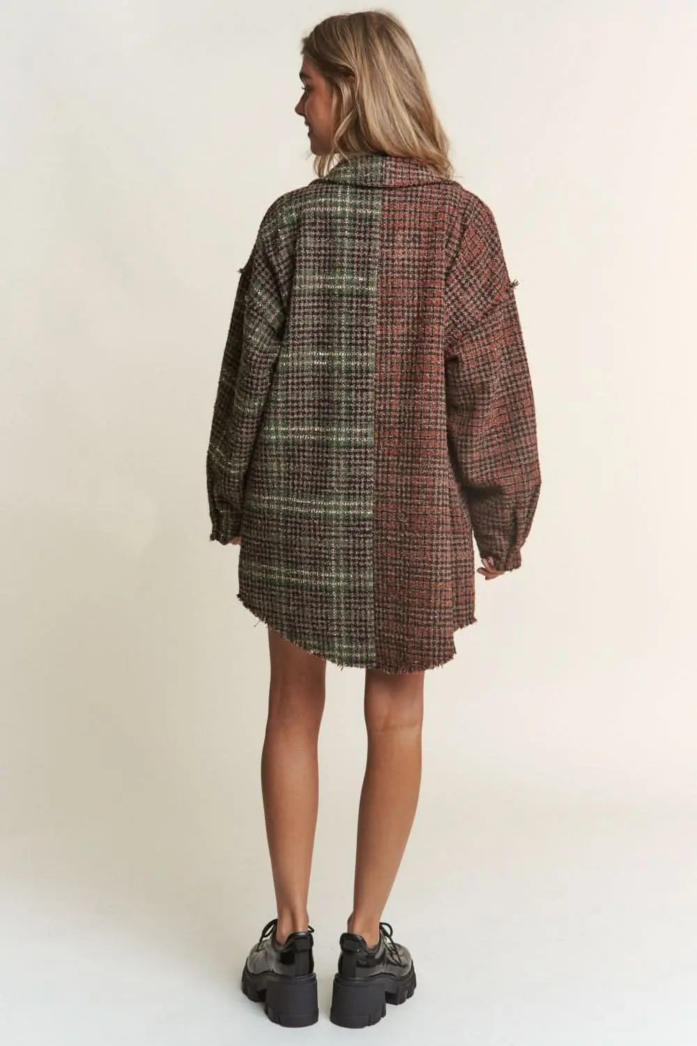 T-Shirts Trendsi Tweed Plaid Shacket Women's Everyday Layering Longline Jacket - Soft, USA Ship