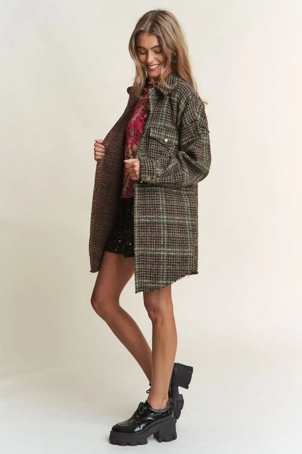 T-Shirts Trendsi Tweed Plaid Shacket Women's Everyday Layering Longline Jacket - Soft, USA Ship