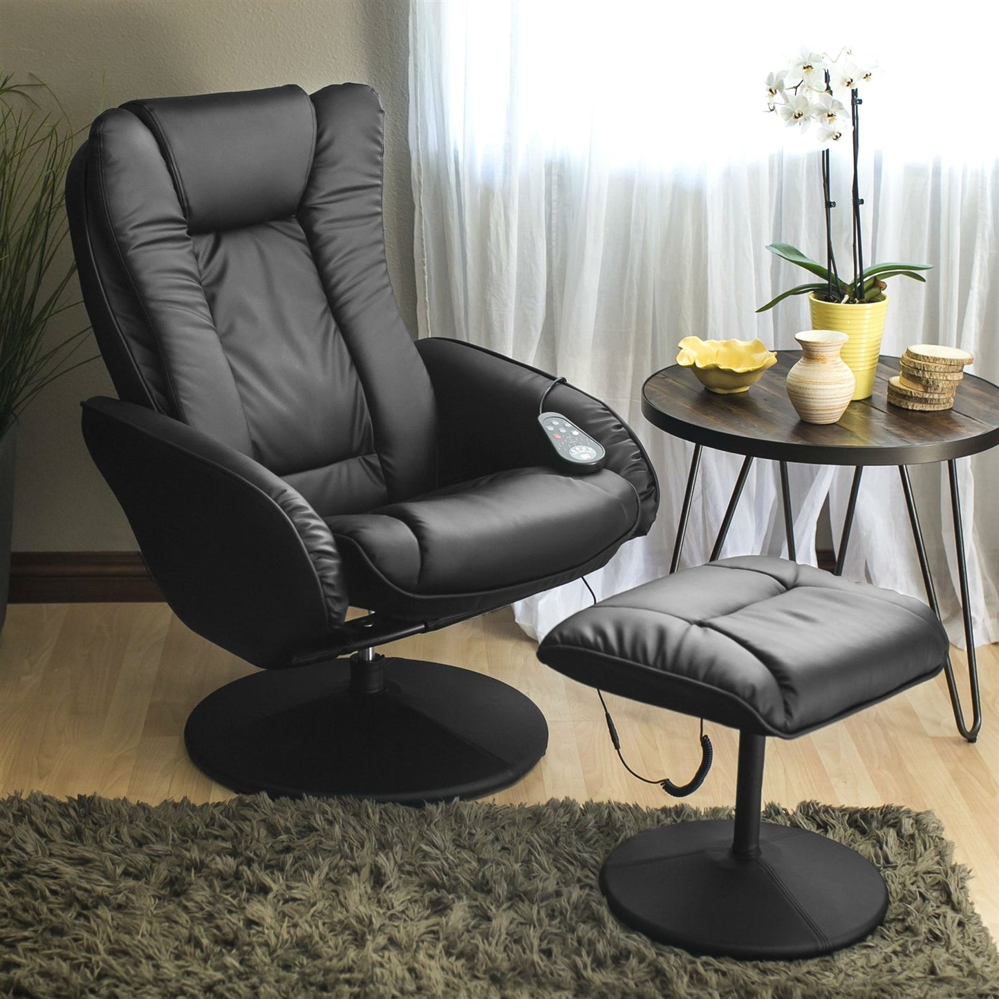 Sillón Reclinable de Masaje Eléctrico de Piel Sintética Negra Resistente con Otomana