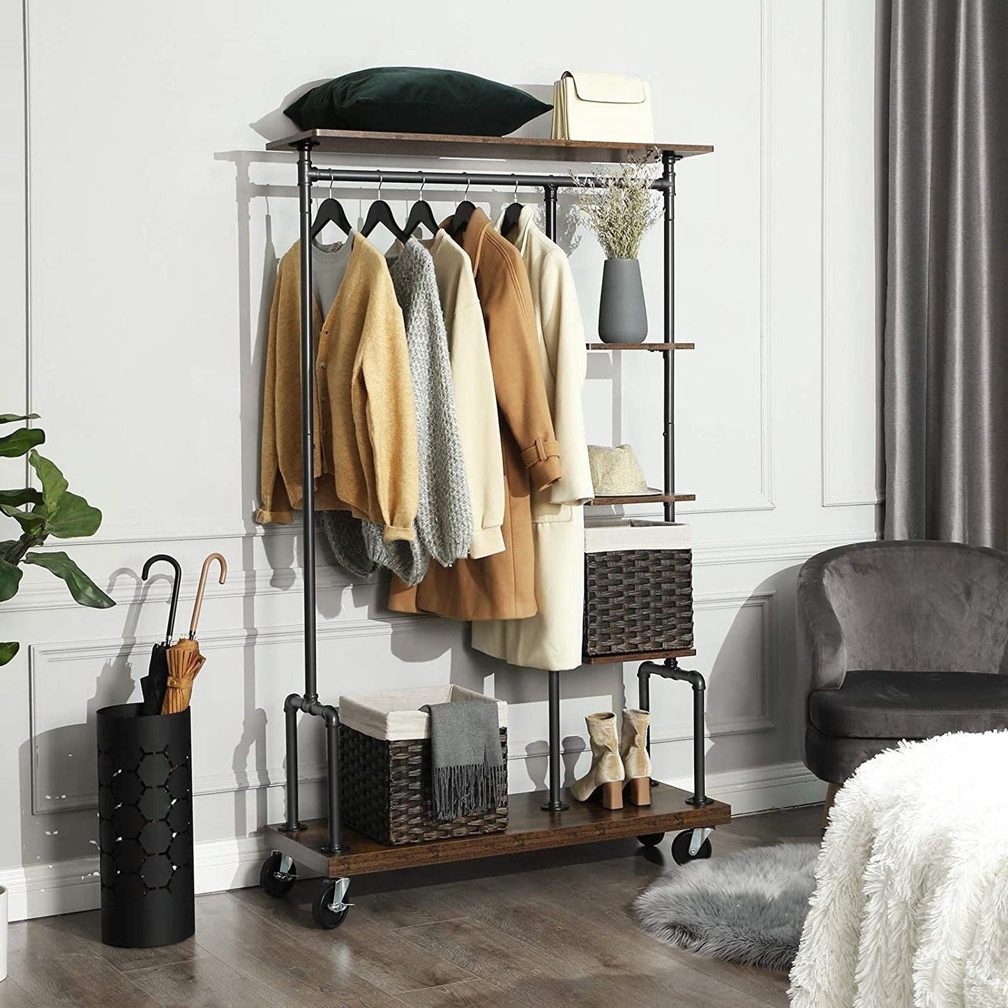 Estante de lavandería industrial de 5 niveles para ropa con ruedas
