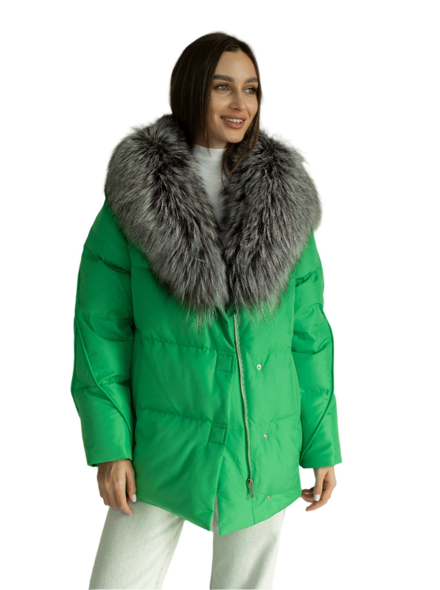 Chaqueta de auténtica piel de zorro plateado y plumón