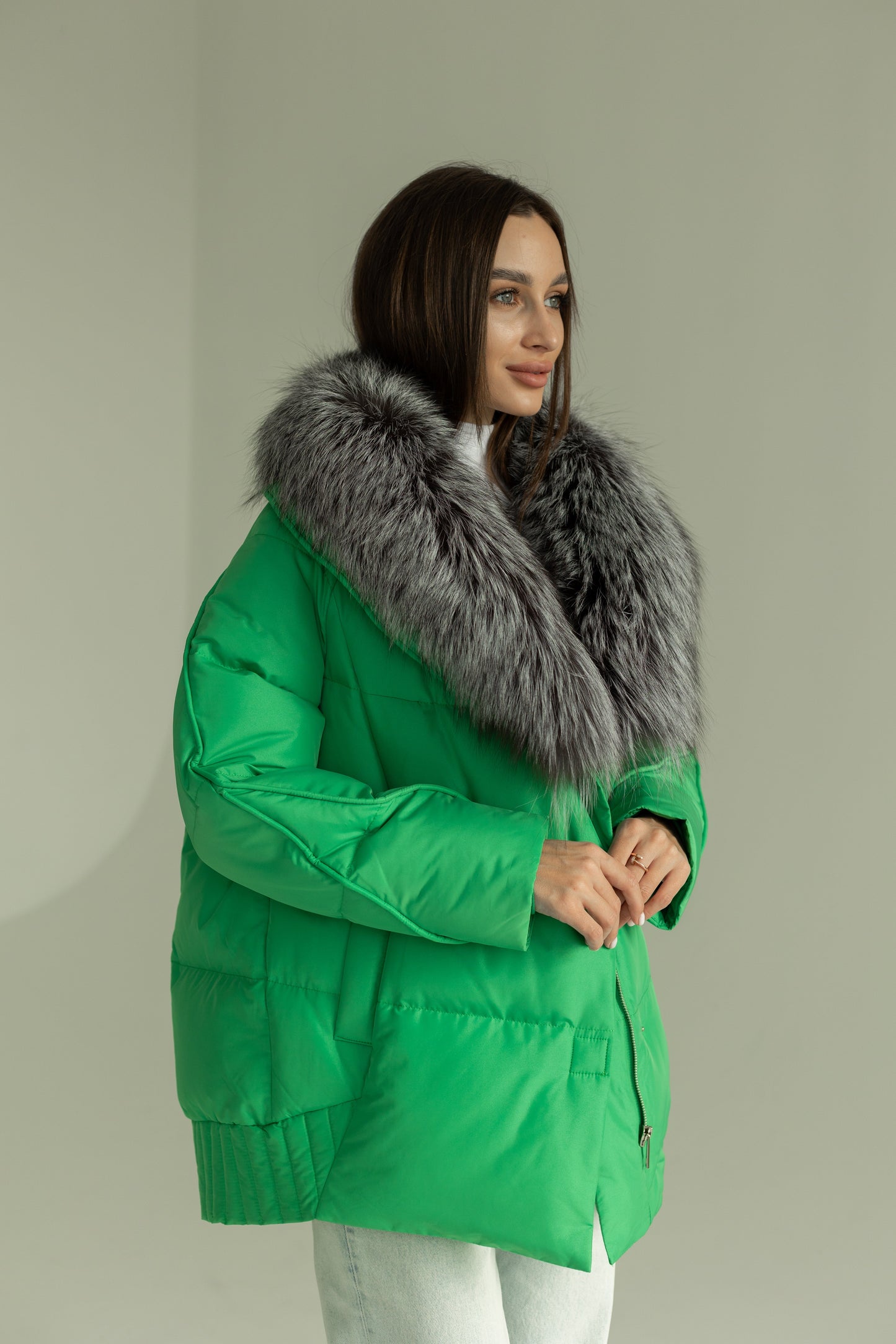 Chaqueta de auténtica piel de zorro plateado y plumón