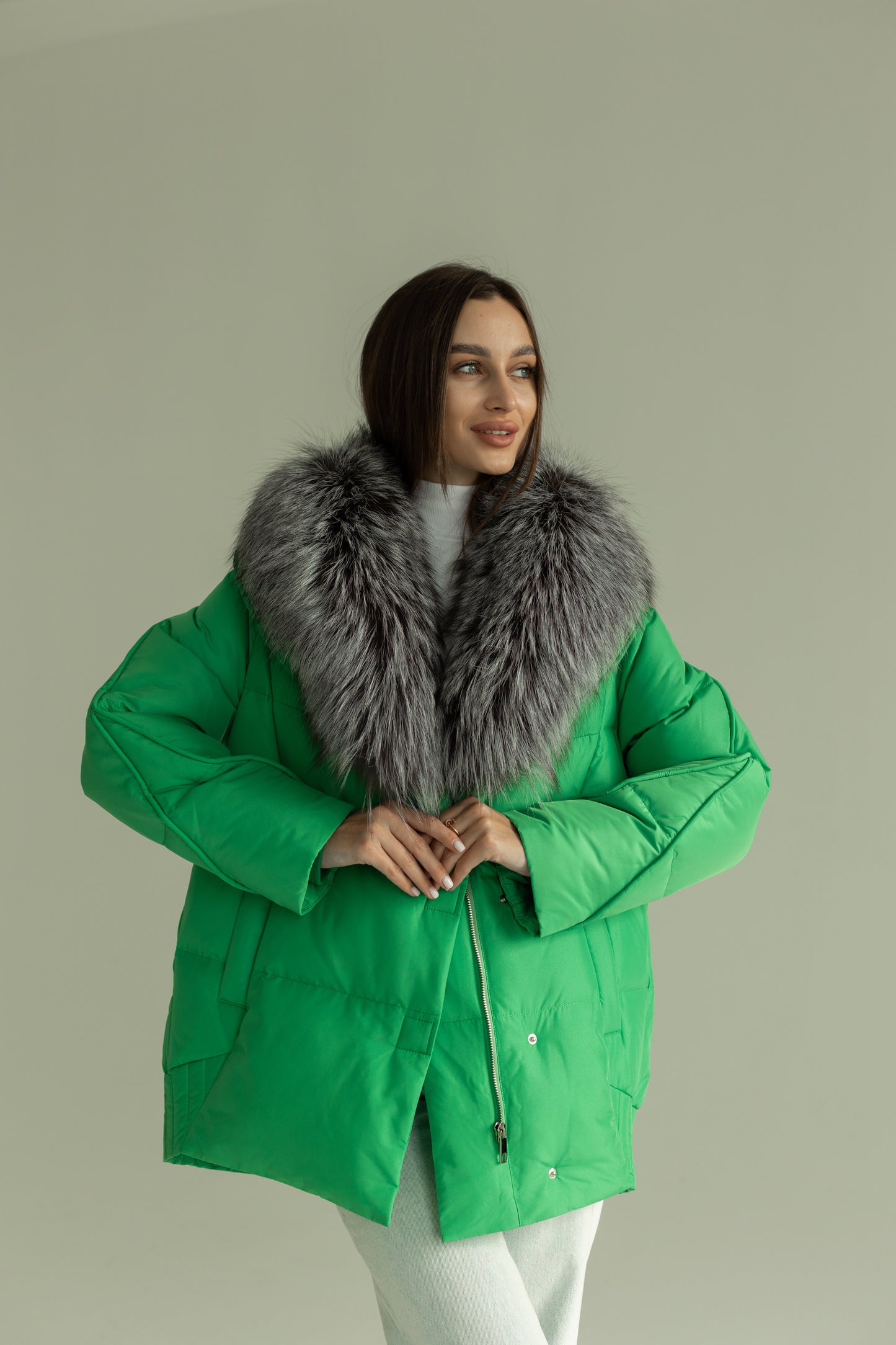 Chaqueta de auténtica piel de zorro plateado y plumón