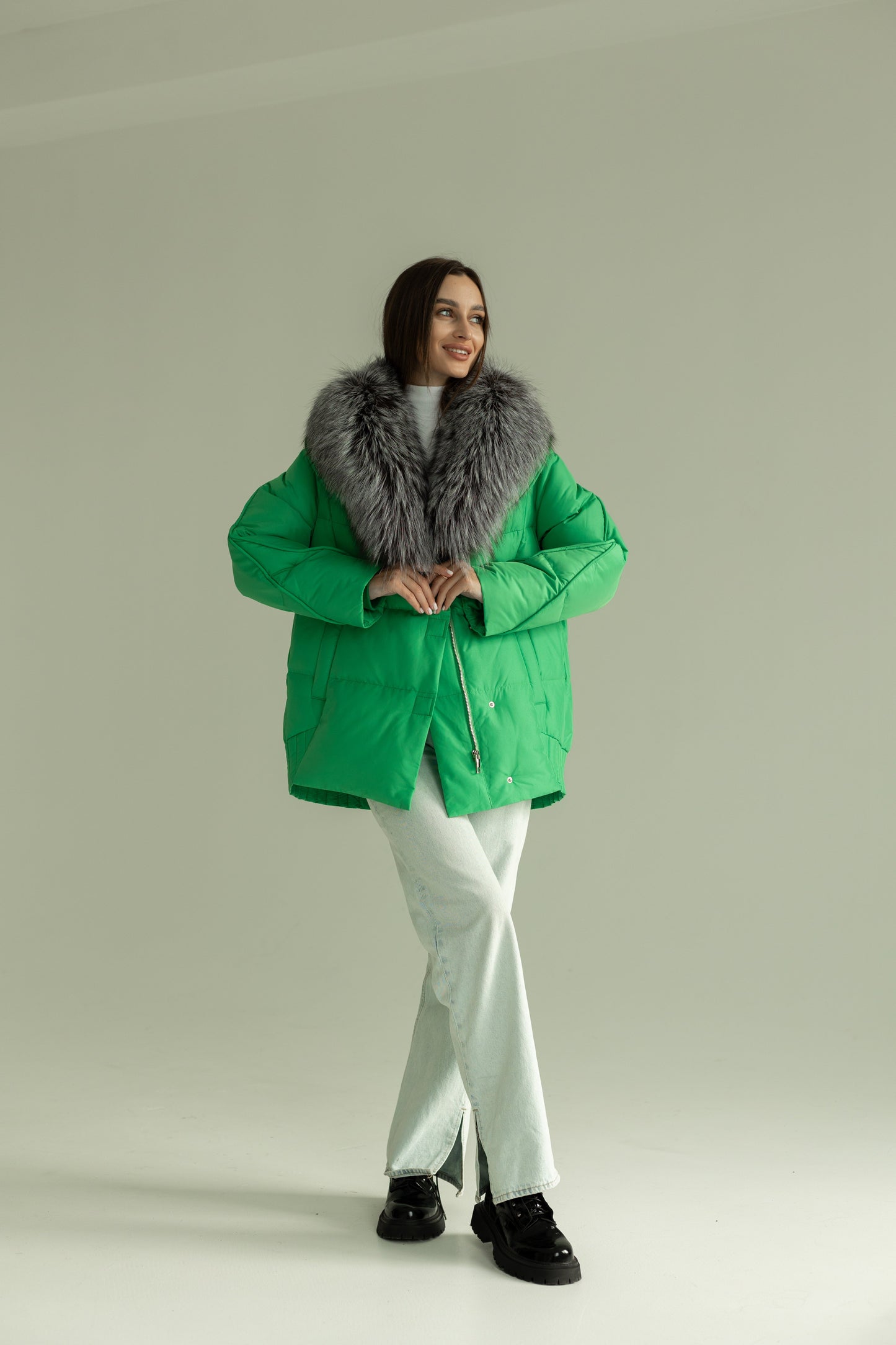 Chaqueta de auténtica piel de zorro plateado y plumón