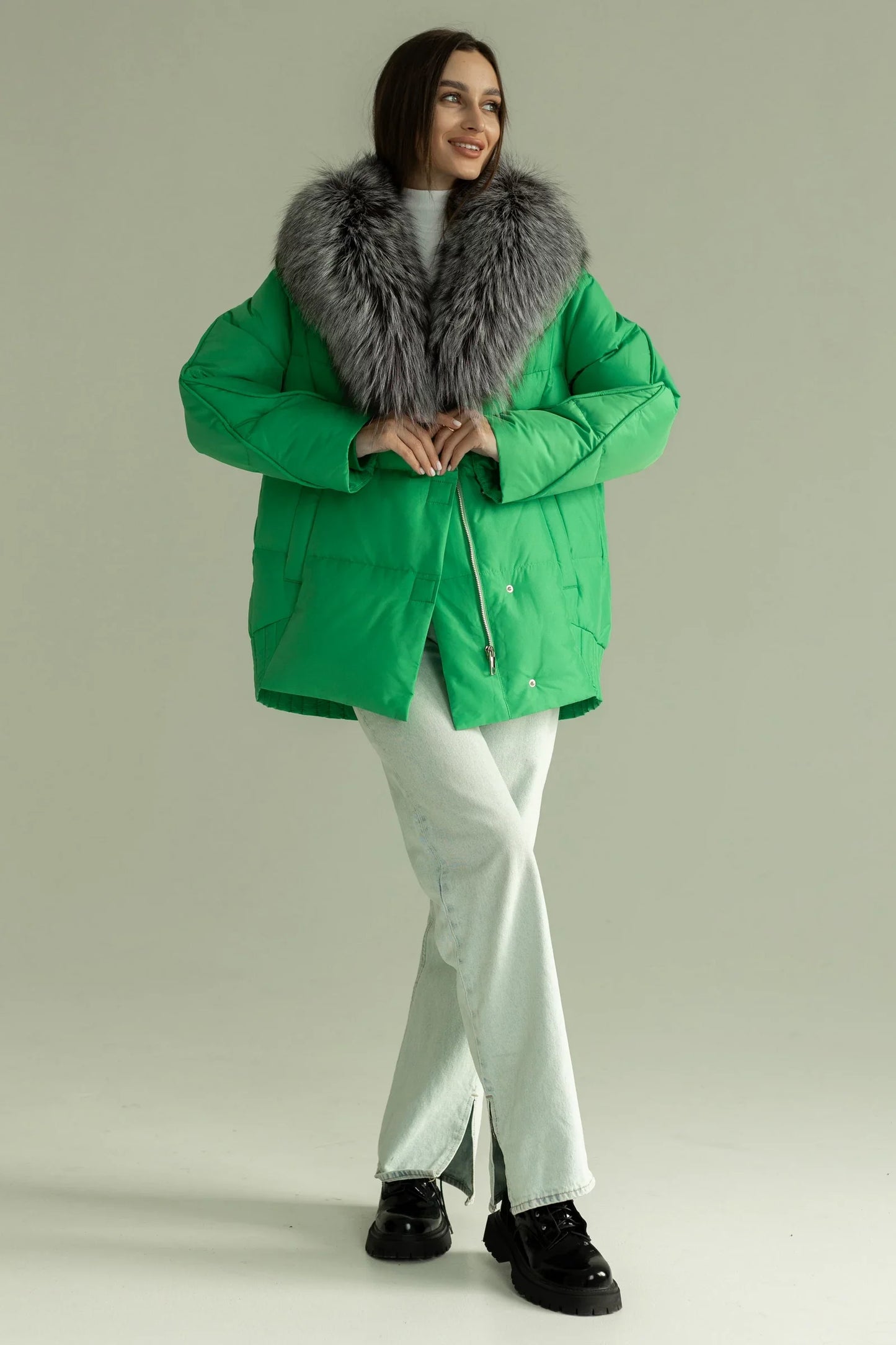 Chaqueta de auténtica piel de zorro plateado y plumón