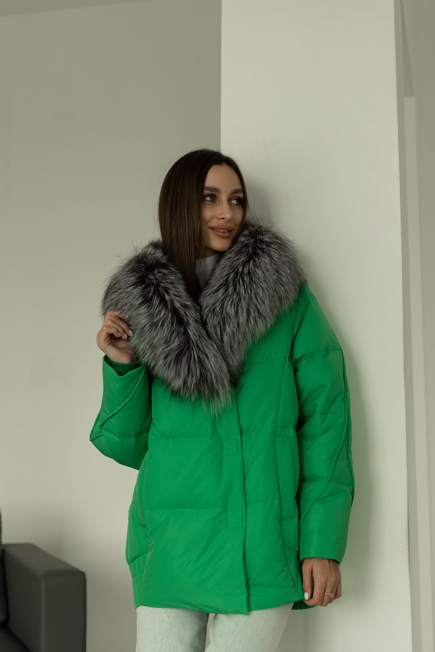 Chaqueta de auténtica piel de zorro plateado y plumón