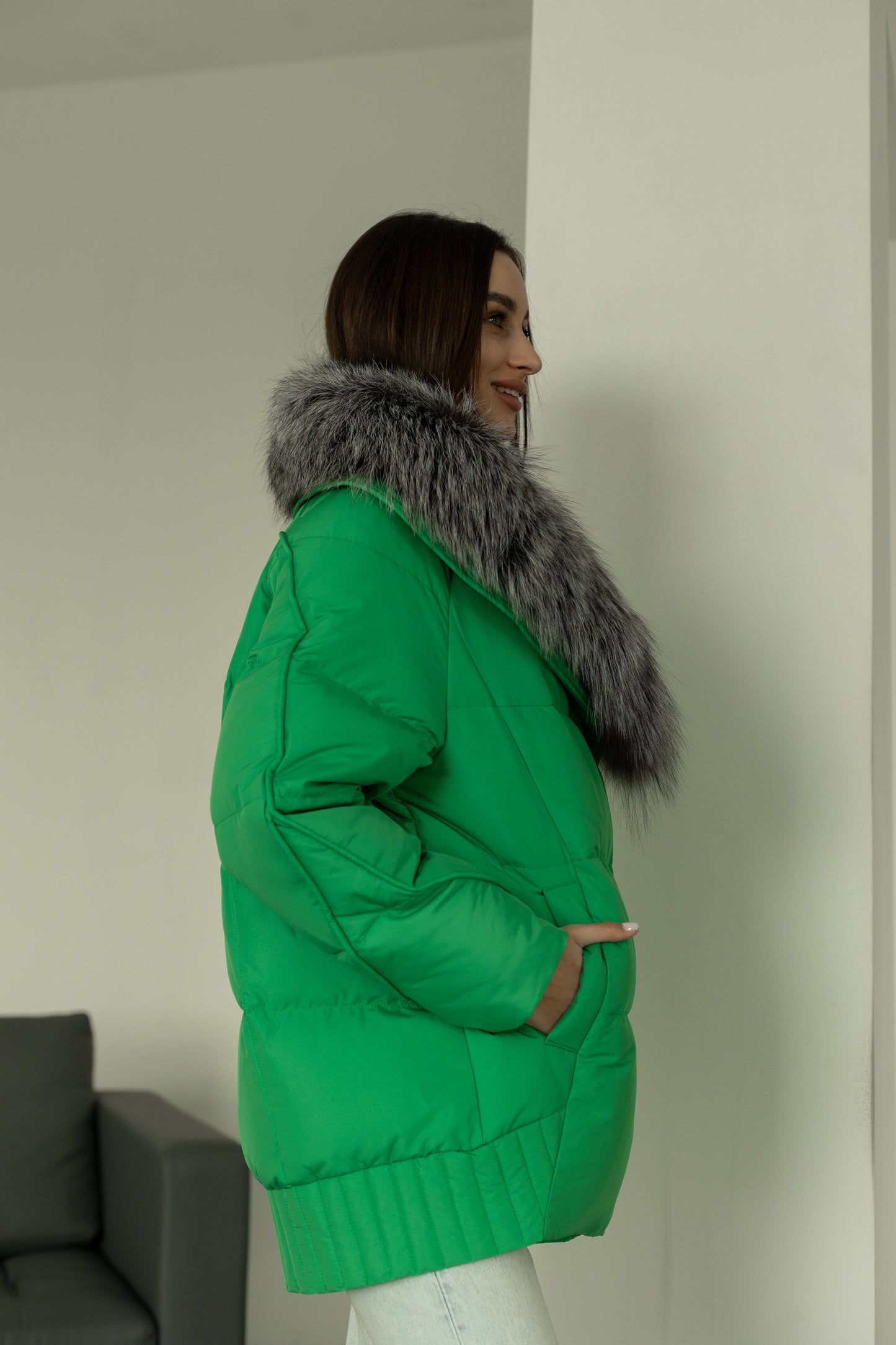 Chaqueta de auténtica piel de zorro plateado y plumón