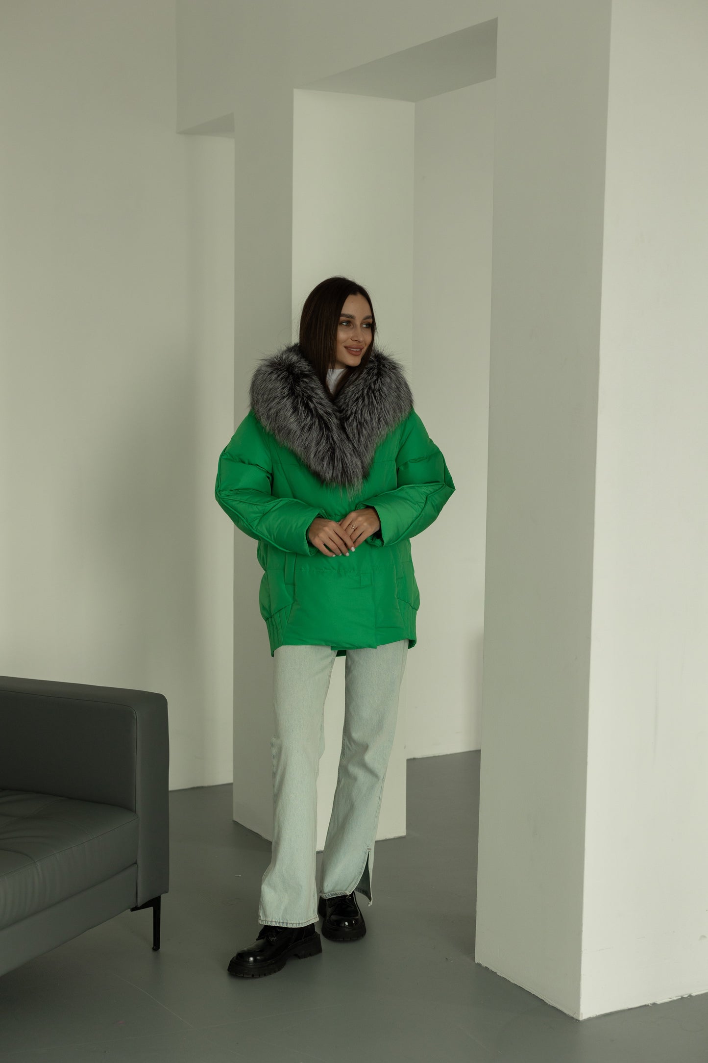 Chaqueta de auténtica piel de zorro plateado y plumón