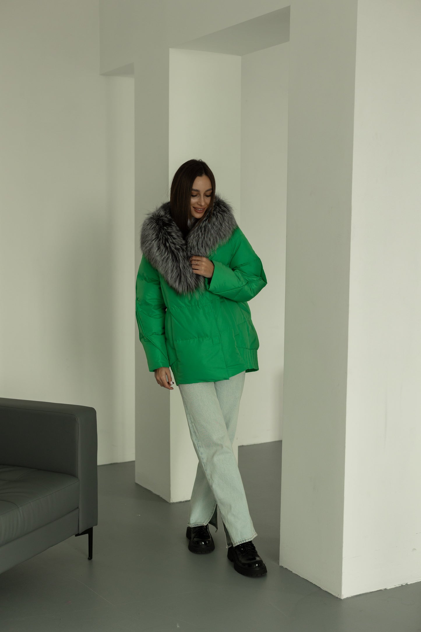 Chaqueta de auténtica piel de zorro plateado y plumón