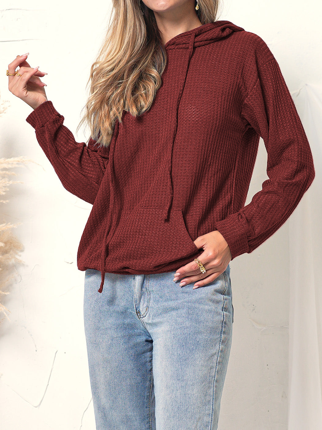 Sudadera Amplia con Capucha de Punto Waffle para Descansar