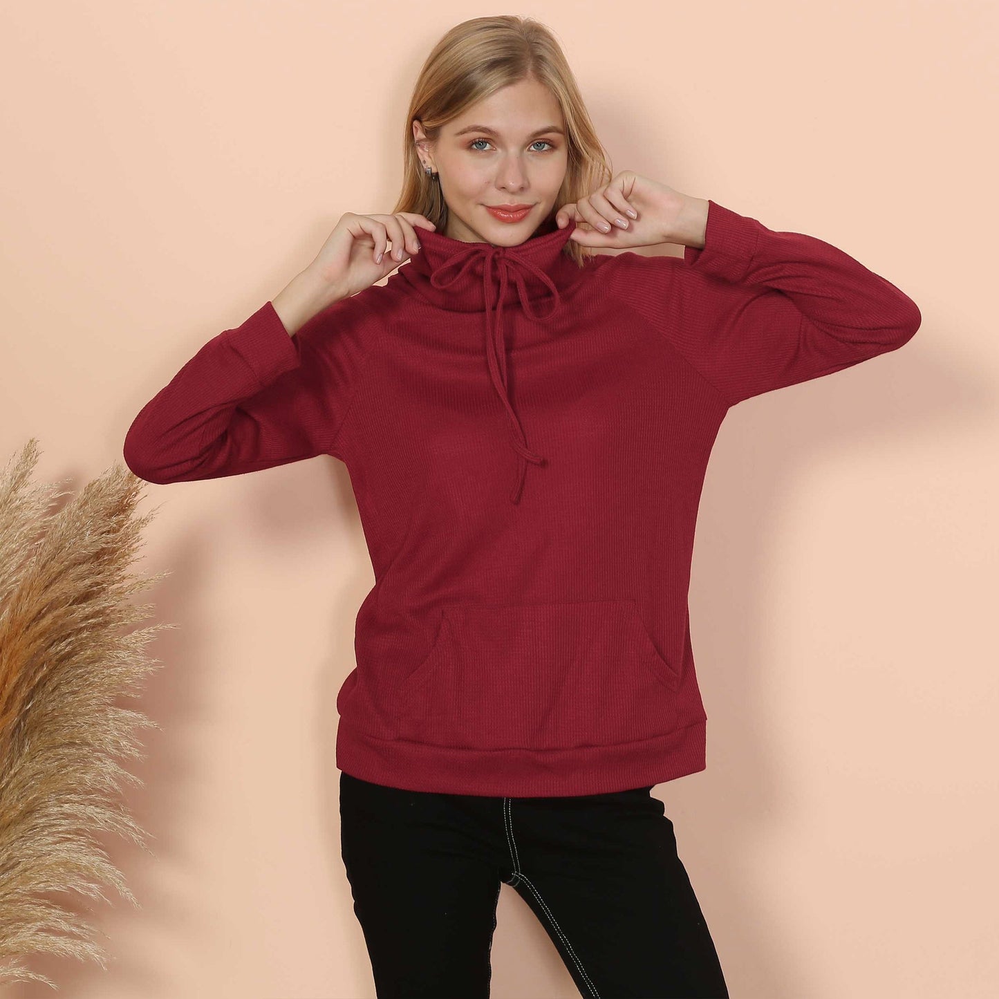 Waffle Knit Cowl Neck Pullover