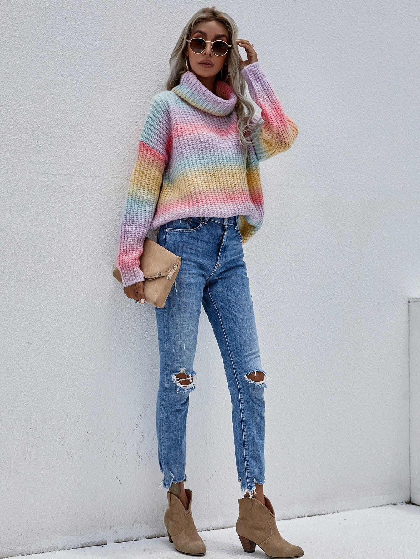 Suéter de punto con cuello vuelto y diseño tie-dye