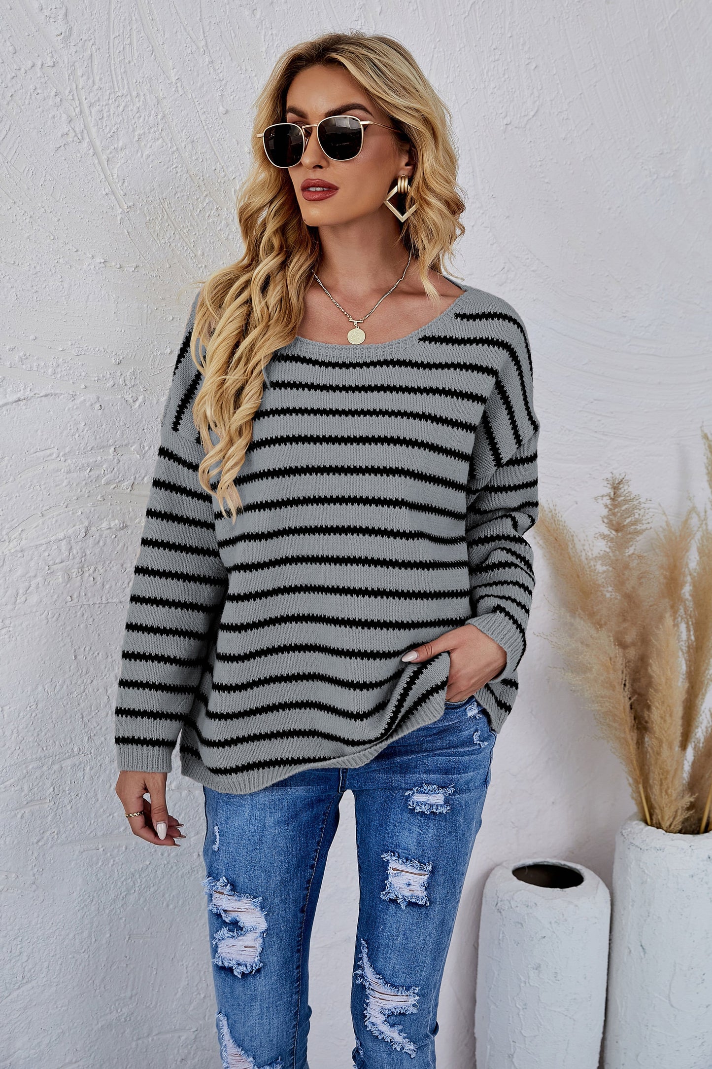 Jersey de punto a rayas con cuello redondo