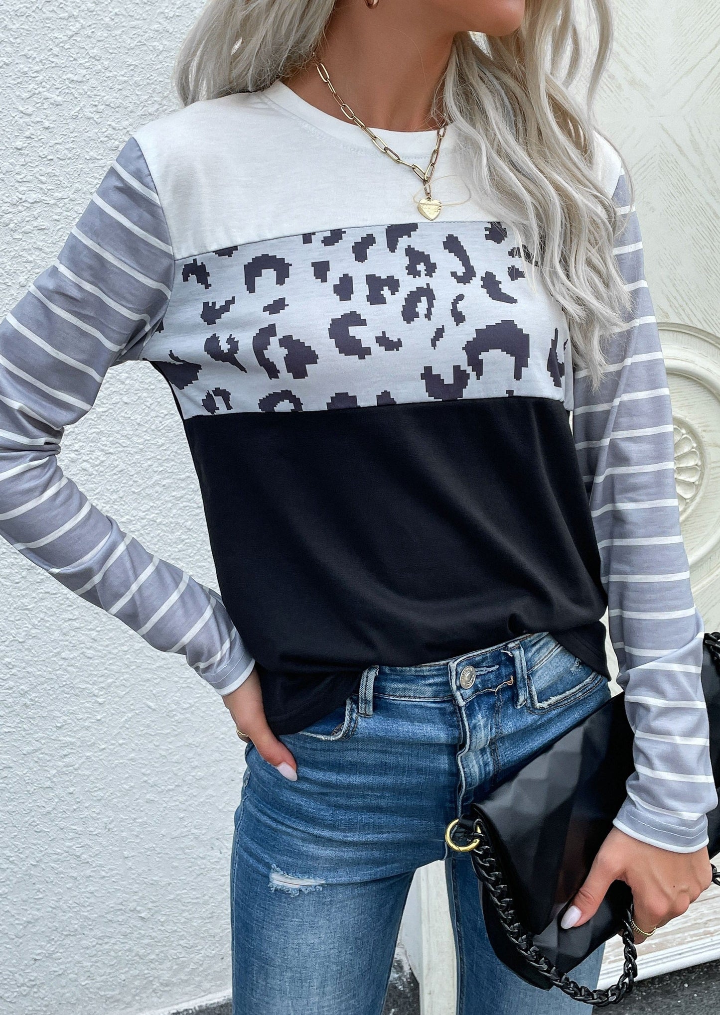 Suéter de punto redondo con estampado mixto