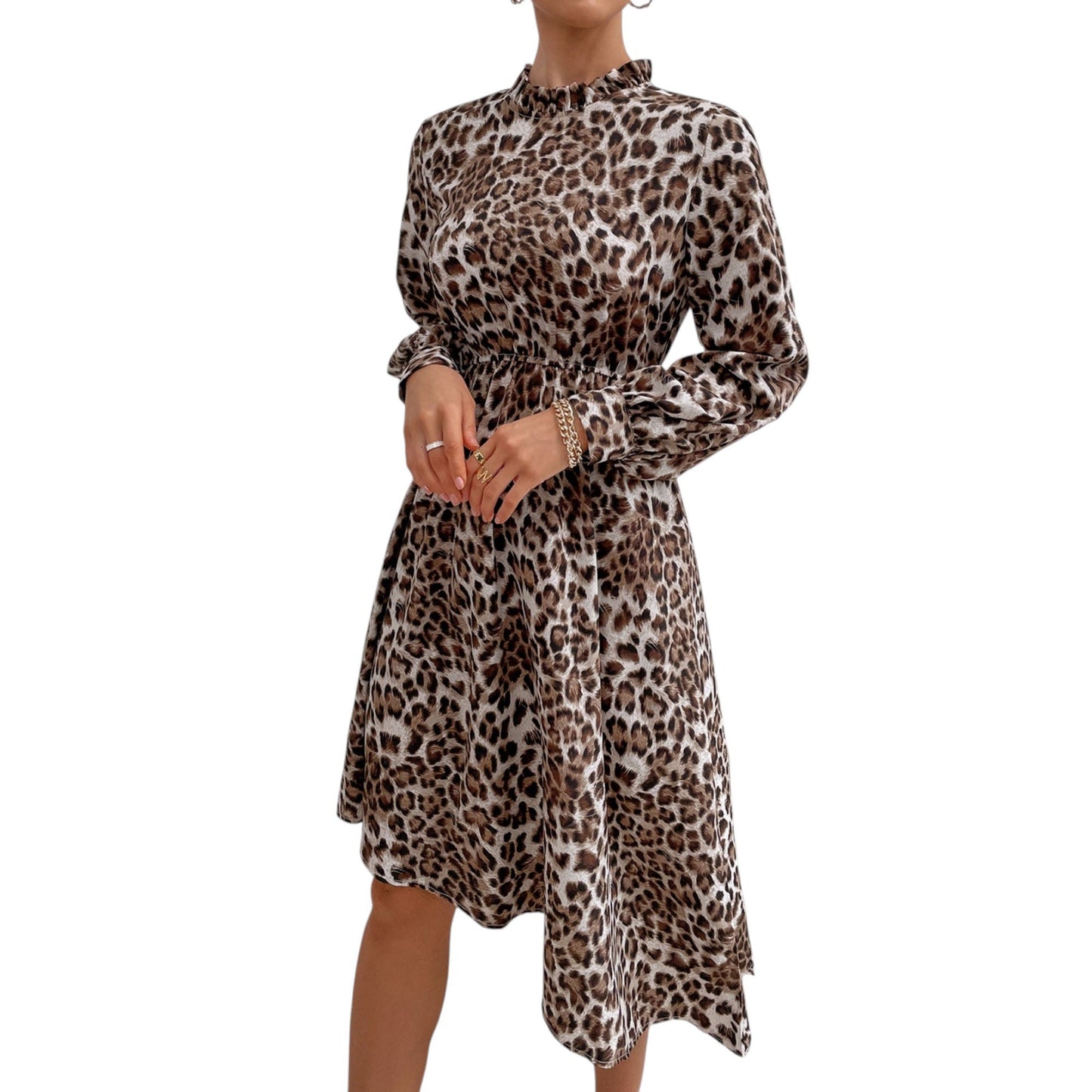 Vestido midi de manga larga con estampado de leopardo, cuello alto y dobladillo asimétrico
