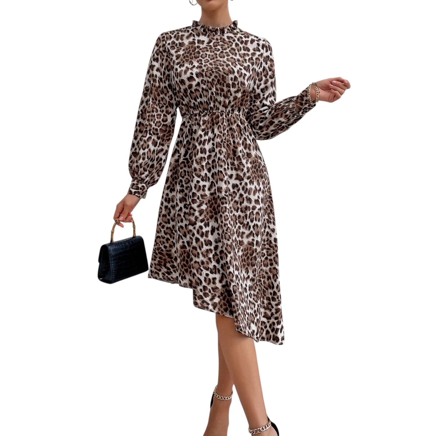 Vestido midi de manga larga con estampado de leopardo, cuello alto y dobladillo asimétrico