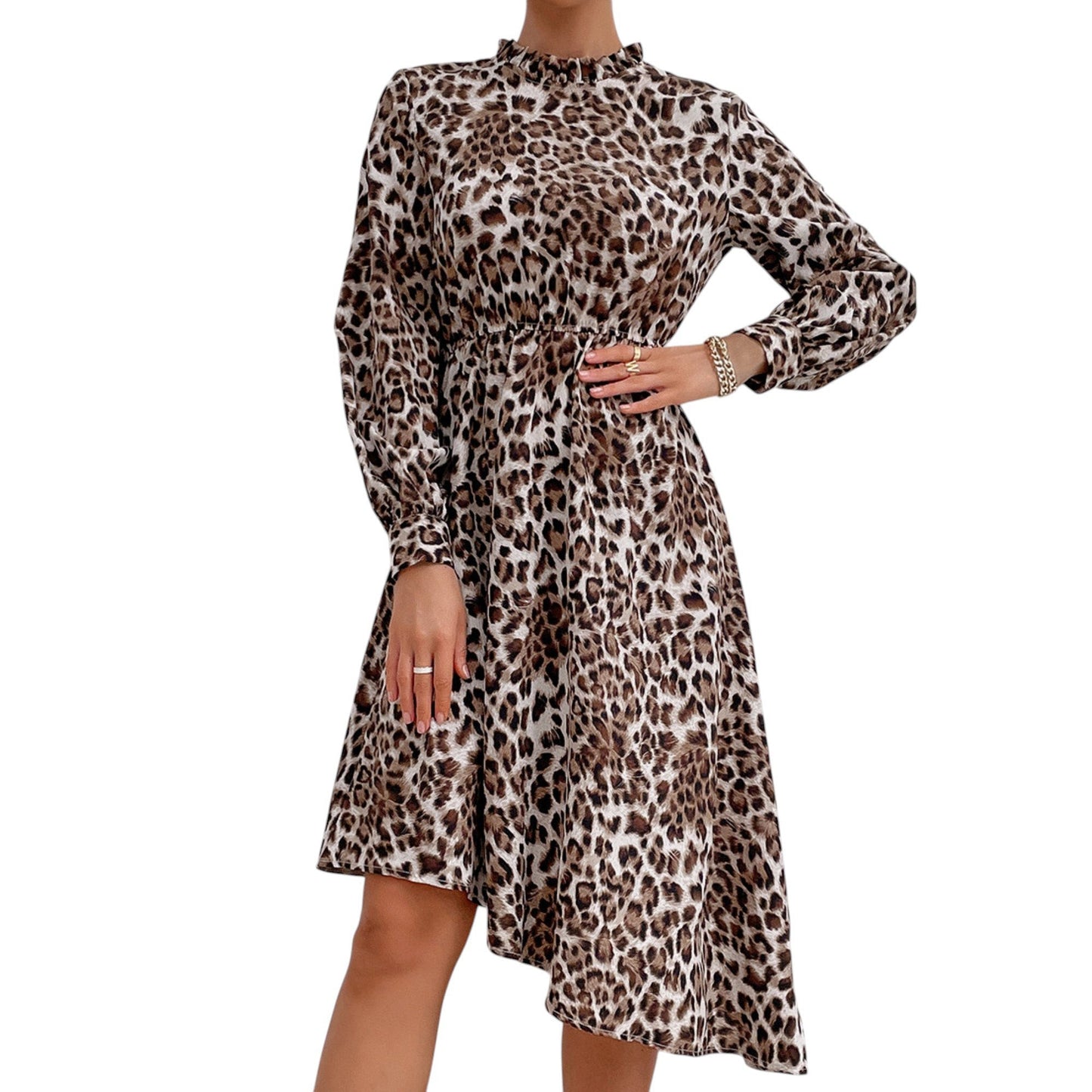 Vestido midi de manga larga con estampado de leopardo, cuello alto y dobladillo asimétrico