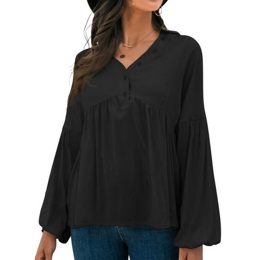 Blusa Campesina de Manga Larga con Botones Frontales, Cintura Fruncida y Caída Holgada