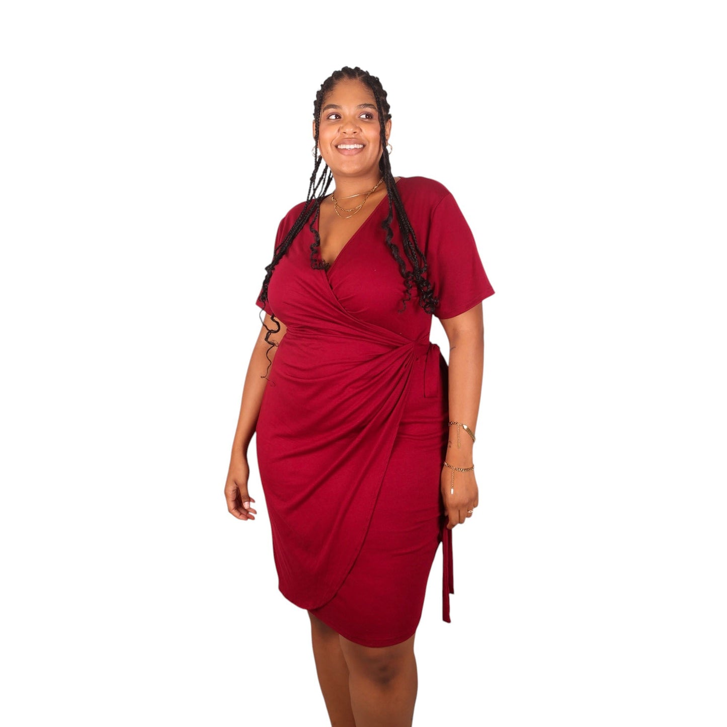 Plus Size Short Sleeve V-Neck Faux Wrap Dress with Side Tie and Draped Skirt