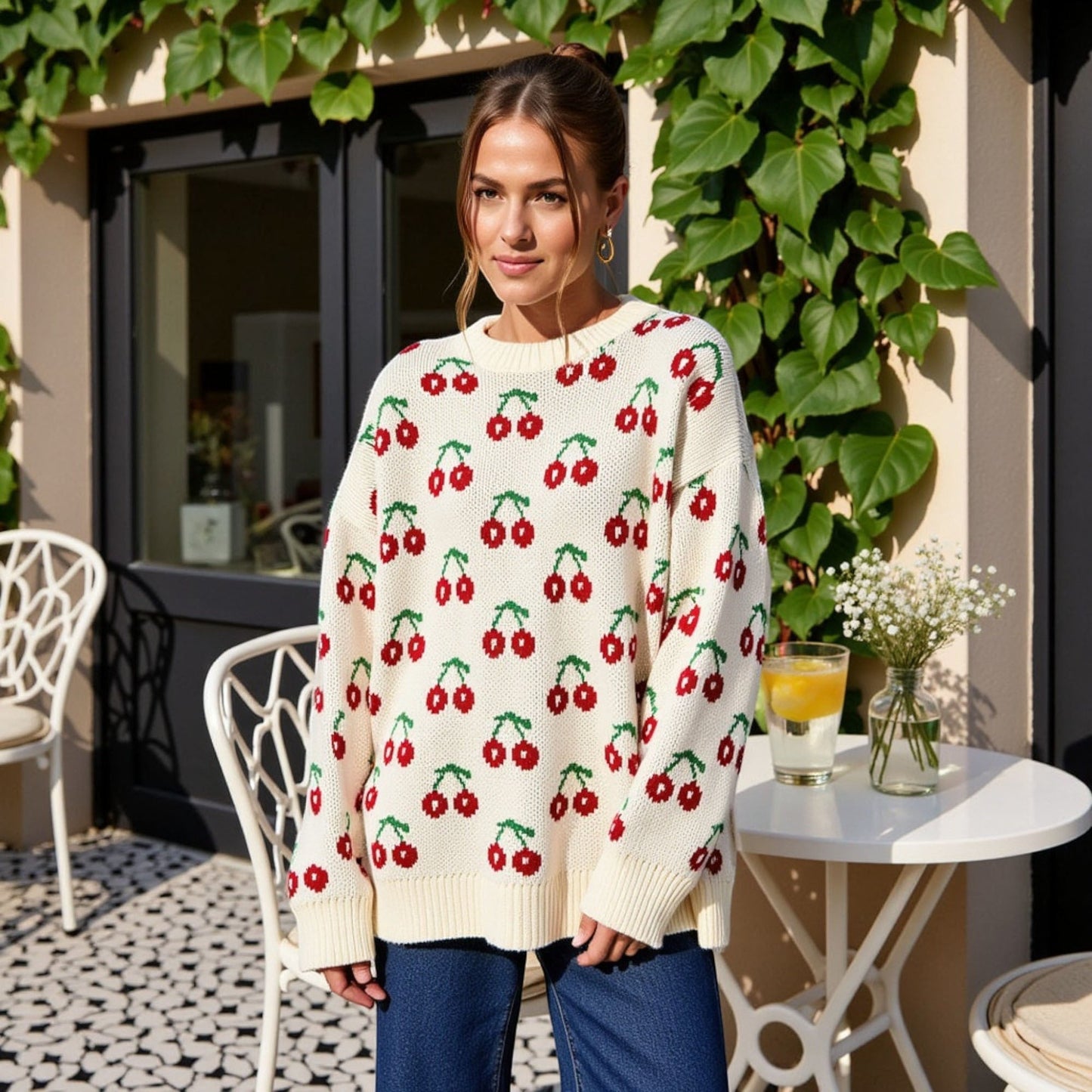 Suéter de punto de manga larga con estampado de cerezas